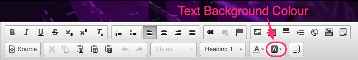 CMS text editor toolbar with the Text Background Colour button highlighted