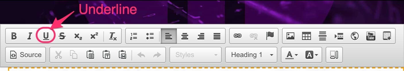 CMS text editor toolbar with the Underline button highlighted