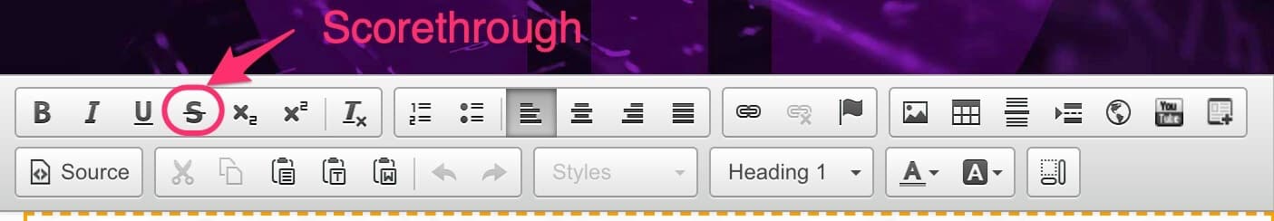 CMS text editor toolbar with the Strikethrough button highlighted