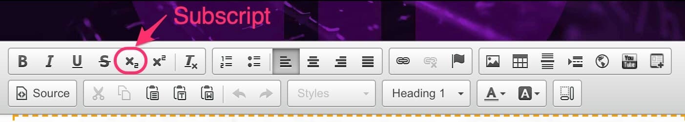 CMS text editor toolbar with the Subscript button highlighted