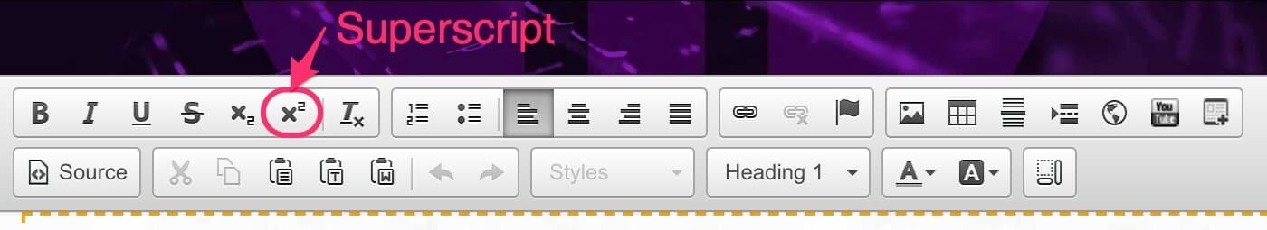 CMS text editor toolbar with the Superscript button highlighted