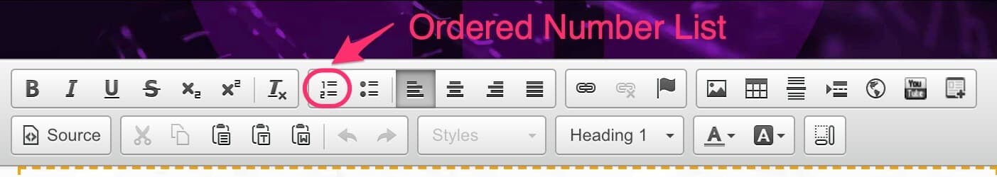 CMS text editor toolbar with the Ordered Number List button highlighted