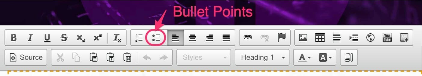 CMS text editor toolbar with the Bullet Points button highlighted