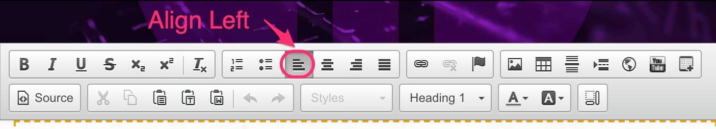 CMS text editor toolbar with the Align Left button highlighted