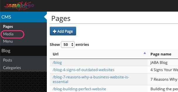 JABA CMS sidebar with the Media menu item highlighted