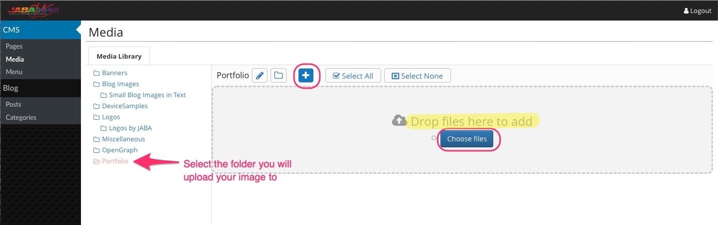 JABA CMS Media Library Portfolio folder with the add files button highlighted