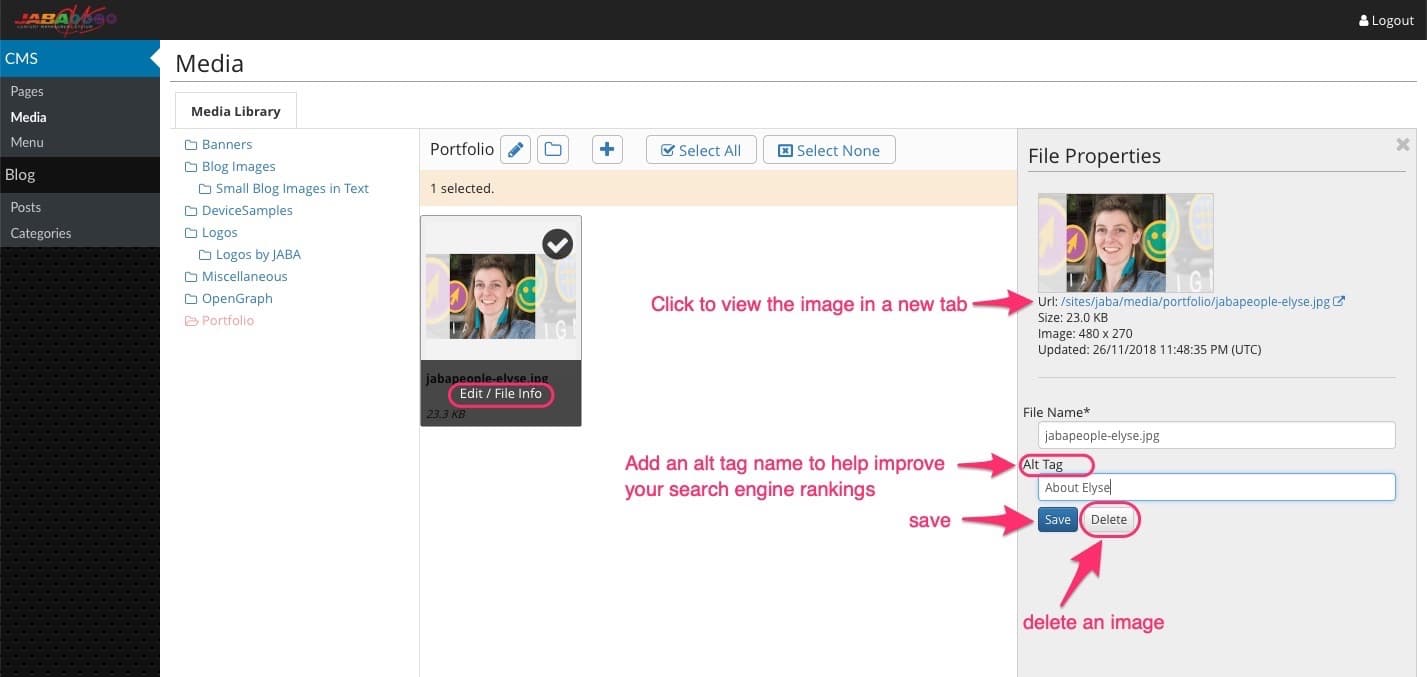 JABA CMS Media Library file properties panel with the Alt Tag field being filled in