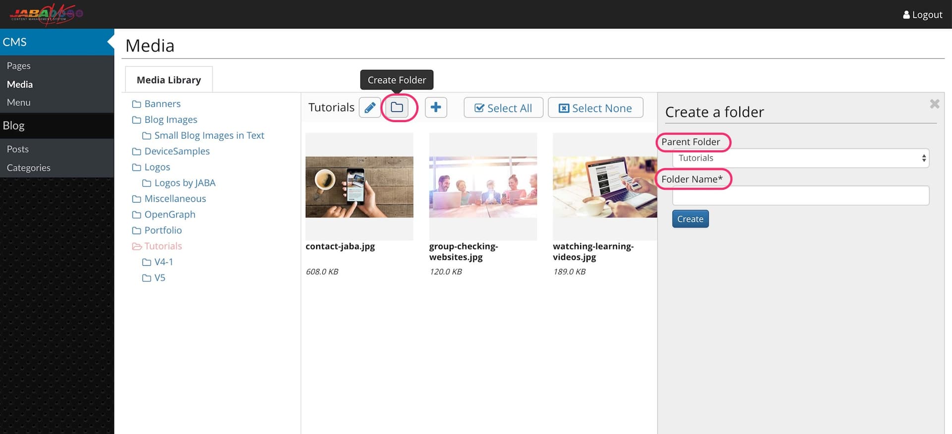 JABA CMS Media Library Tutorials folder with the Create Folder button highlighted