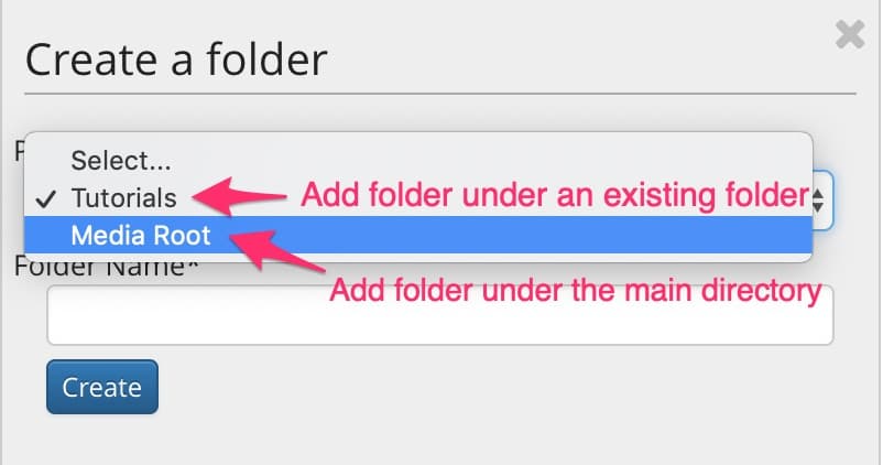 Create a folder panel in JABA CMS Media Library with the Parent Folder dropdown highlighted