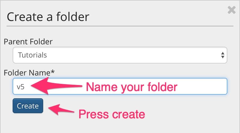Create a folder panel in JABA CMS Media Library with the folder name entered and Create highlighted