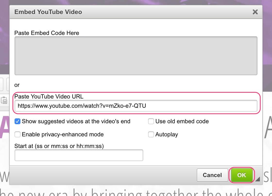 JABA CMS embed YouTube video dialog with a video URL entered