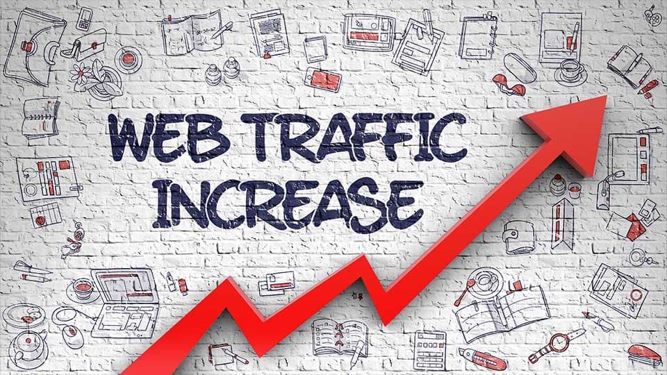 Illustration of rising web traffic with an upward arrow over a doodle-covered brick wall backdrop