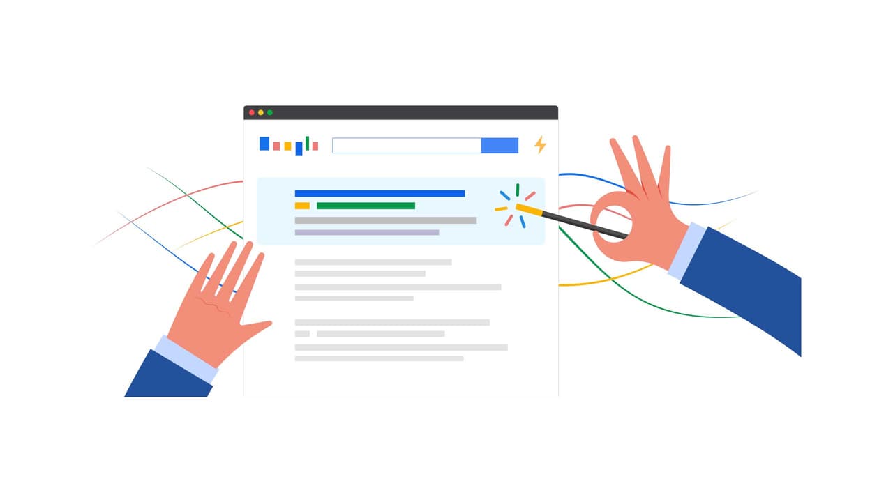 Illustration of a magic wand adding schema markup to a Google search result