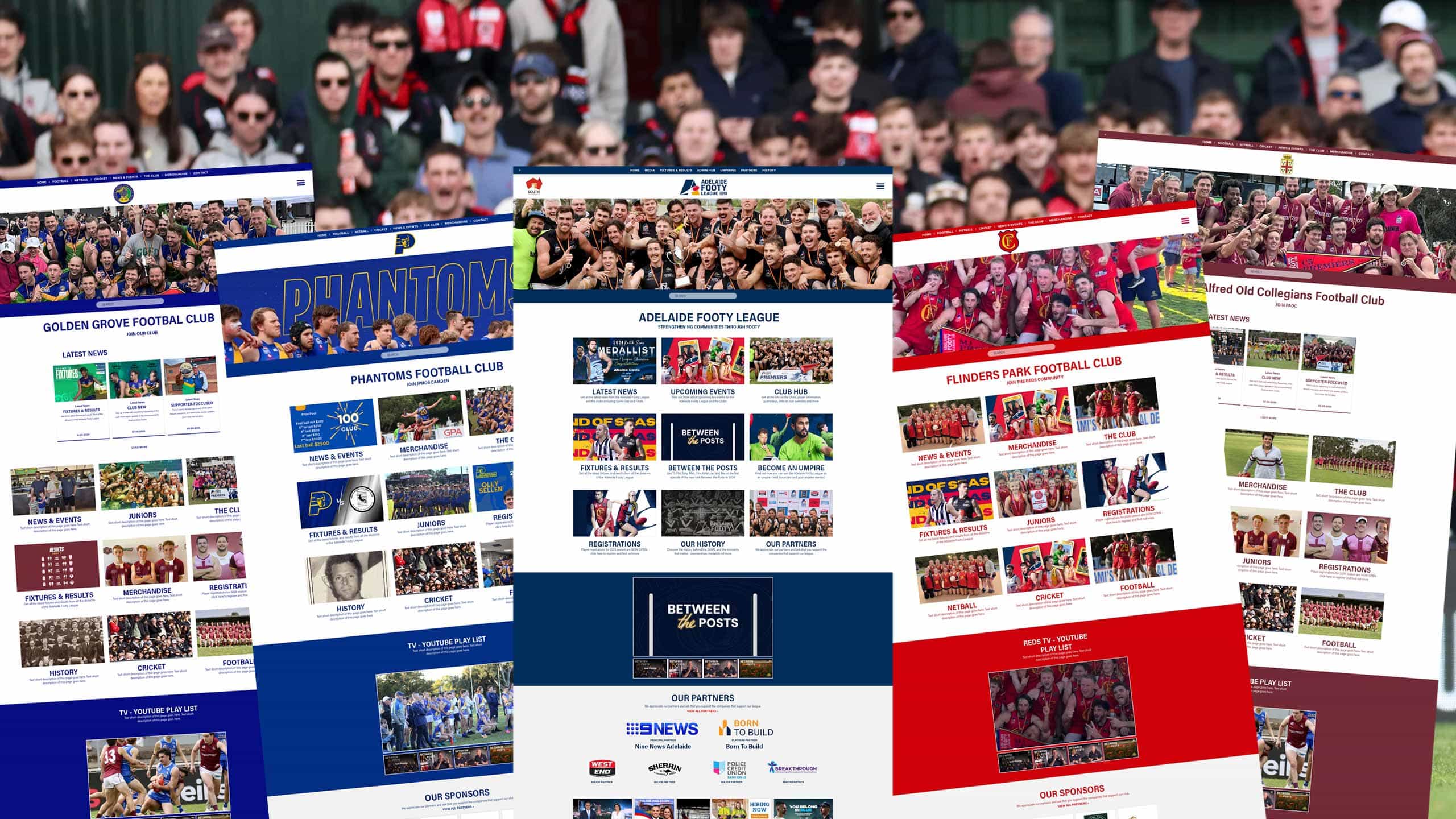Montage of Adelaide Footy League club websites including Golden Grove, Phantoms, Flinders Park and Alfred Old Collegians