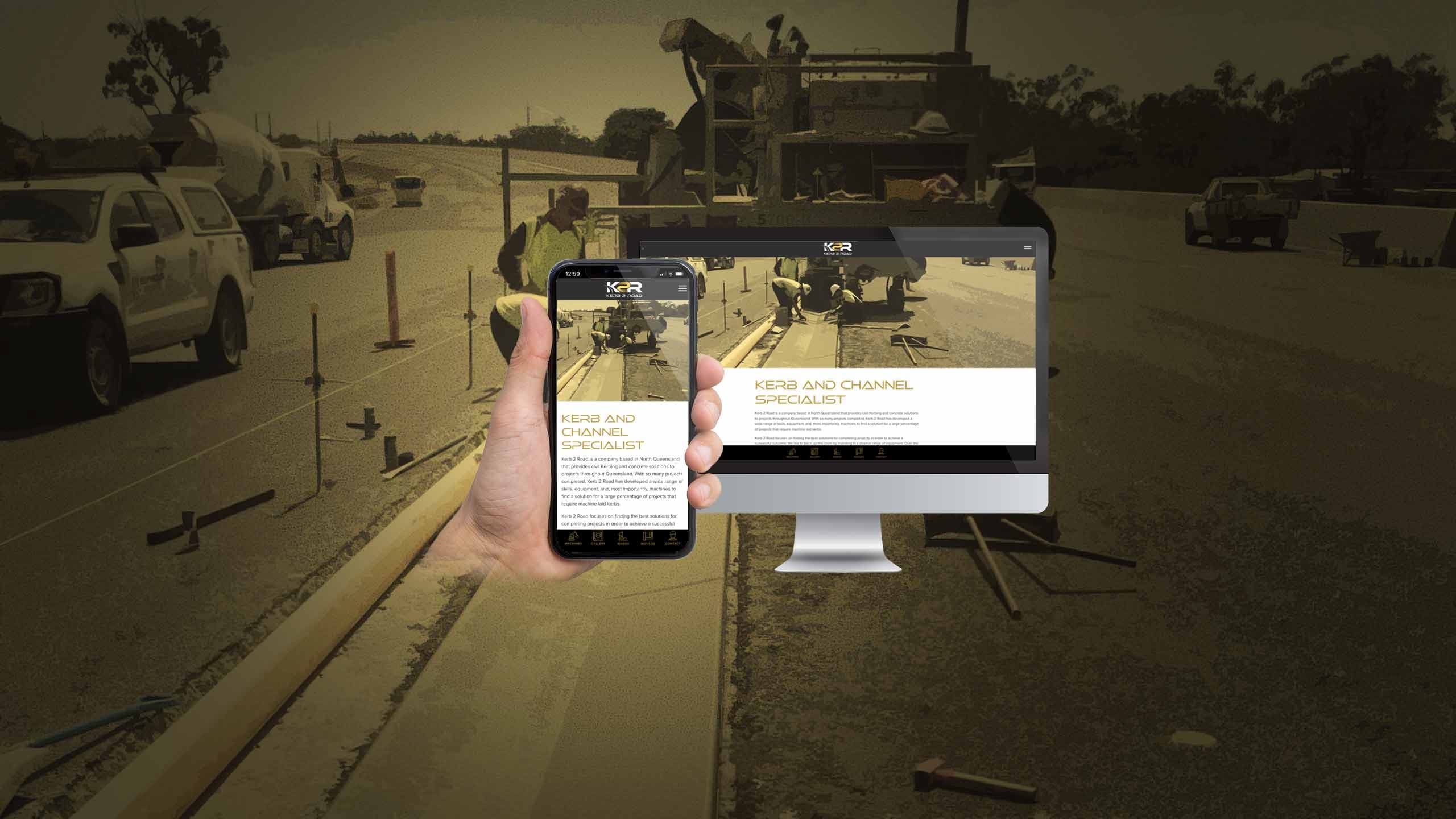 Kerb 2 Road website displayed over a road kerbing construction site in North Queensland