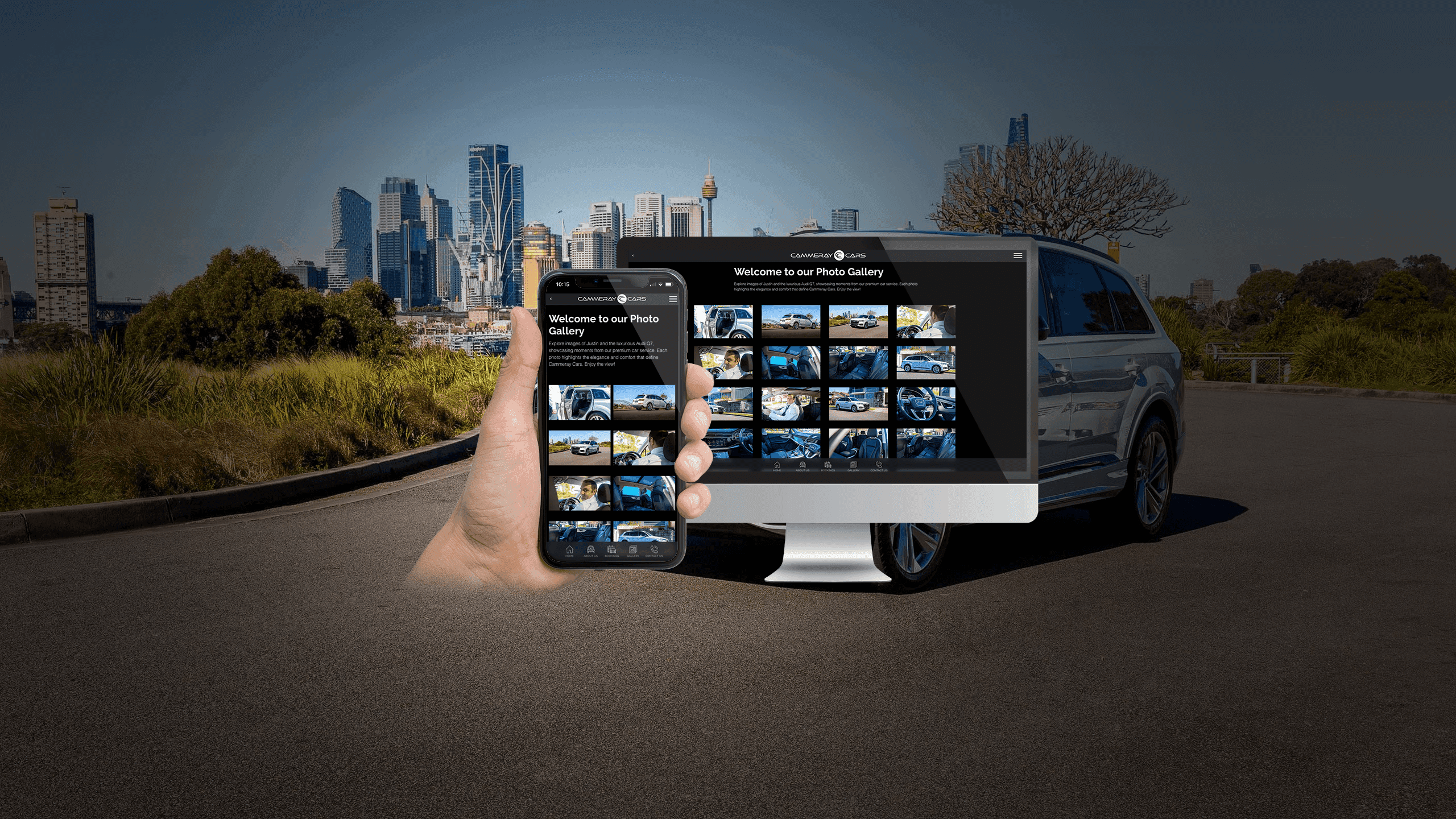 Cammeray Cars photo gallery page on desktop and mobile screens over a Sydney skyline and luxury car