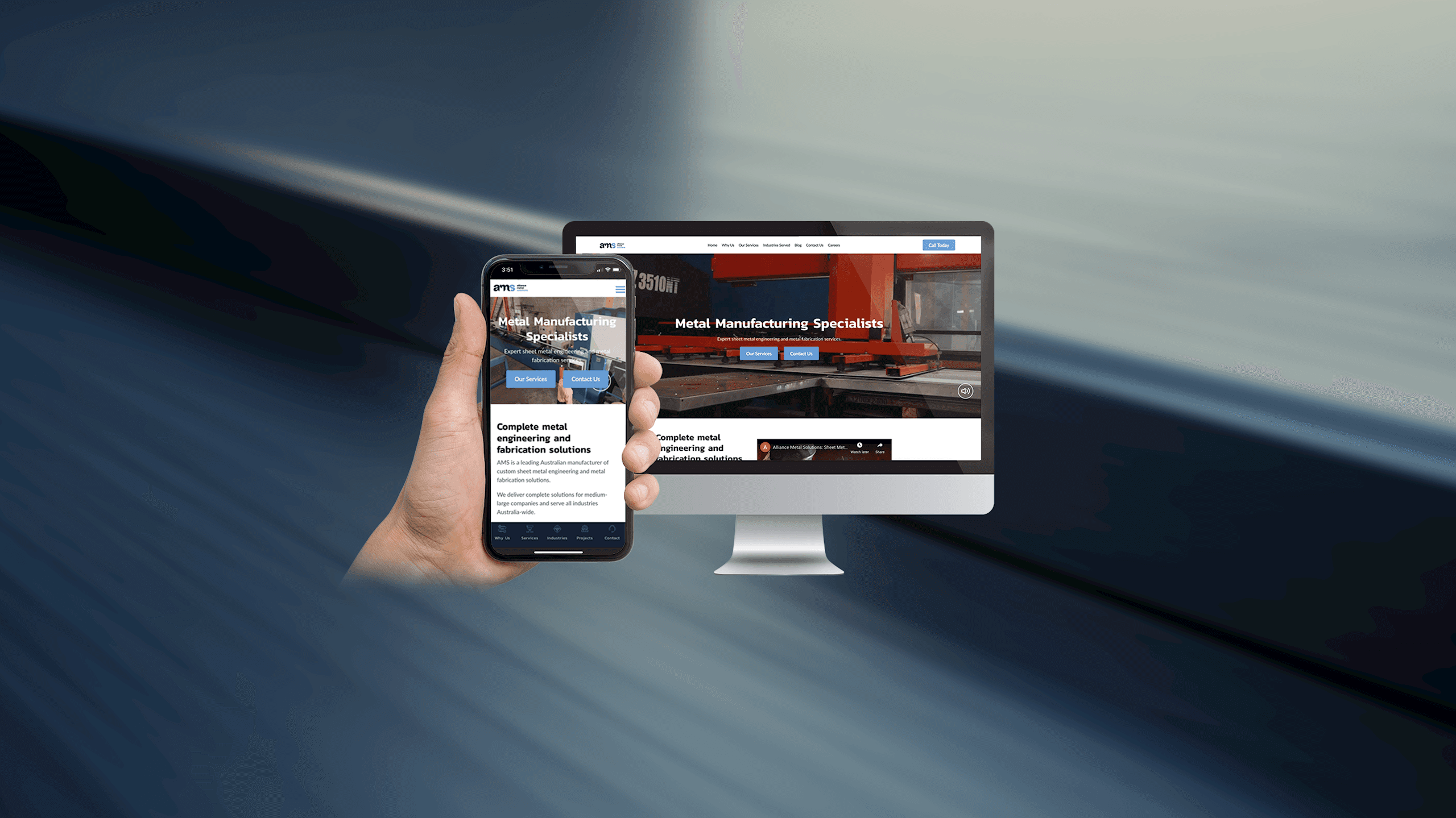 Alliance Metal Solutions homepage displayed on a desktop monitor and smartphone