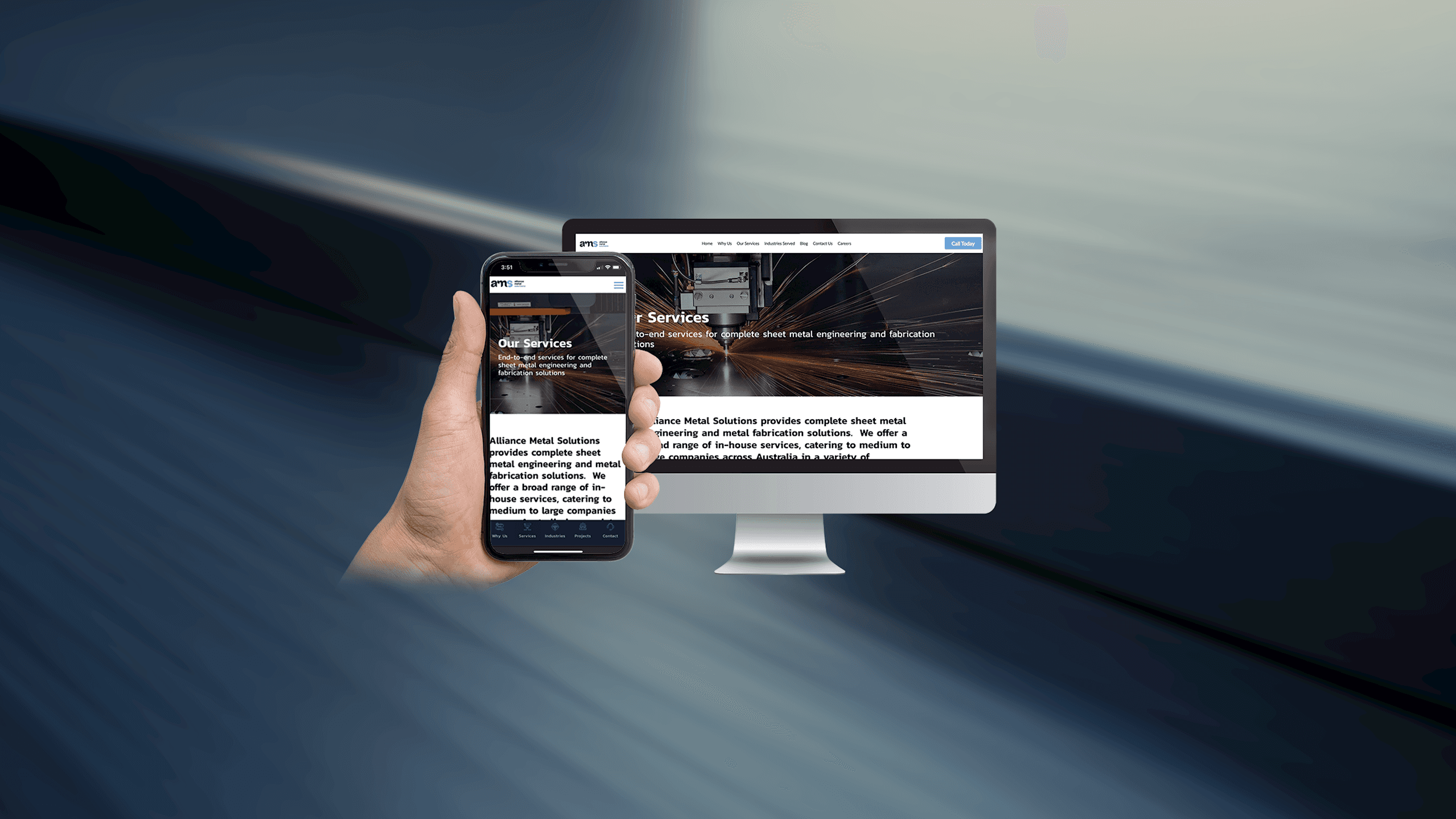 Alliance Metal Solutions website Our Services page displayed on a desktop monitor and smartphone