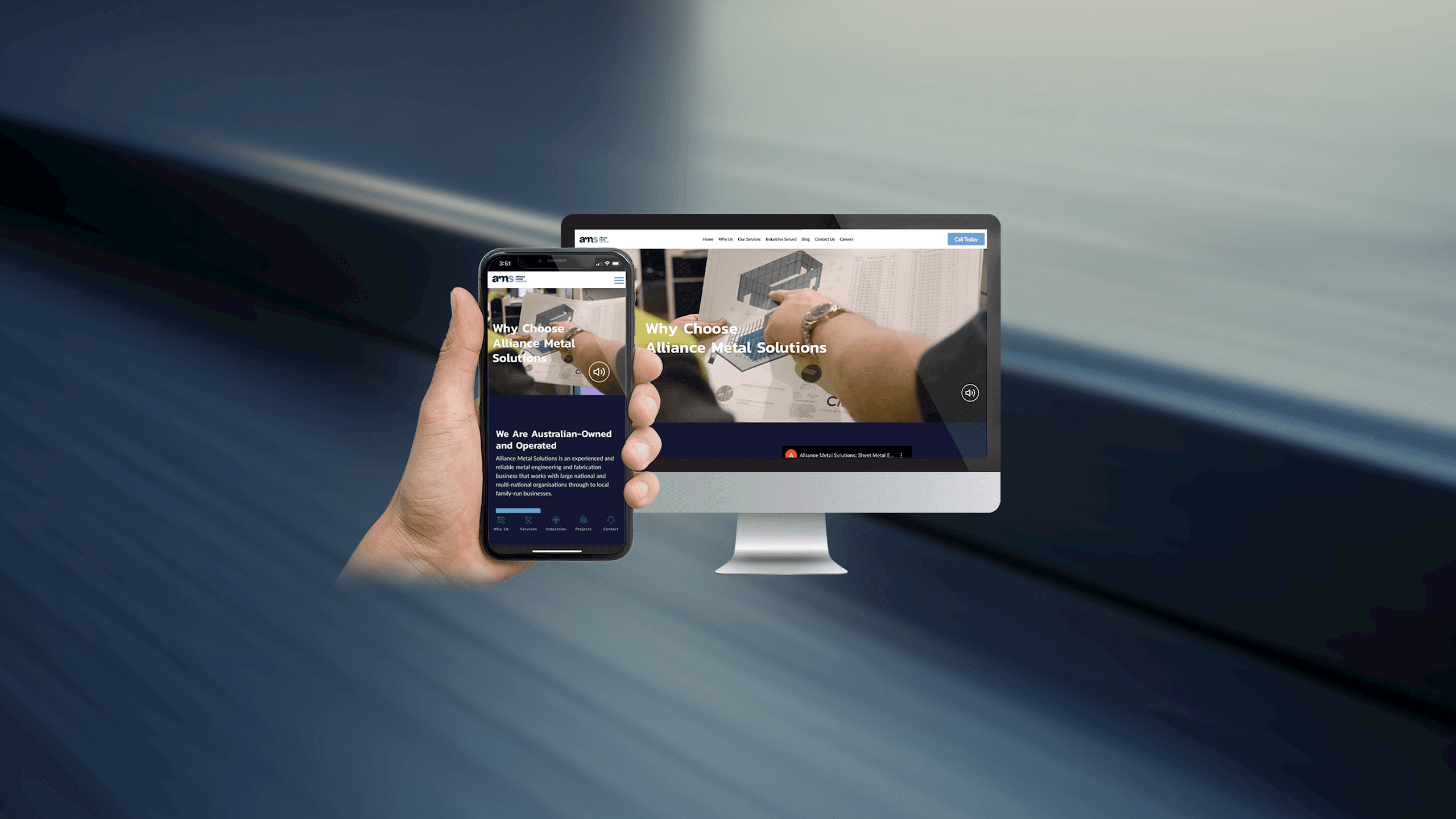 Alliance Metal Solutions website Why Choose Us page displayed on a desktop monitor and smartphone