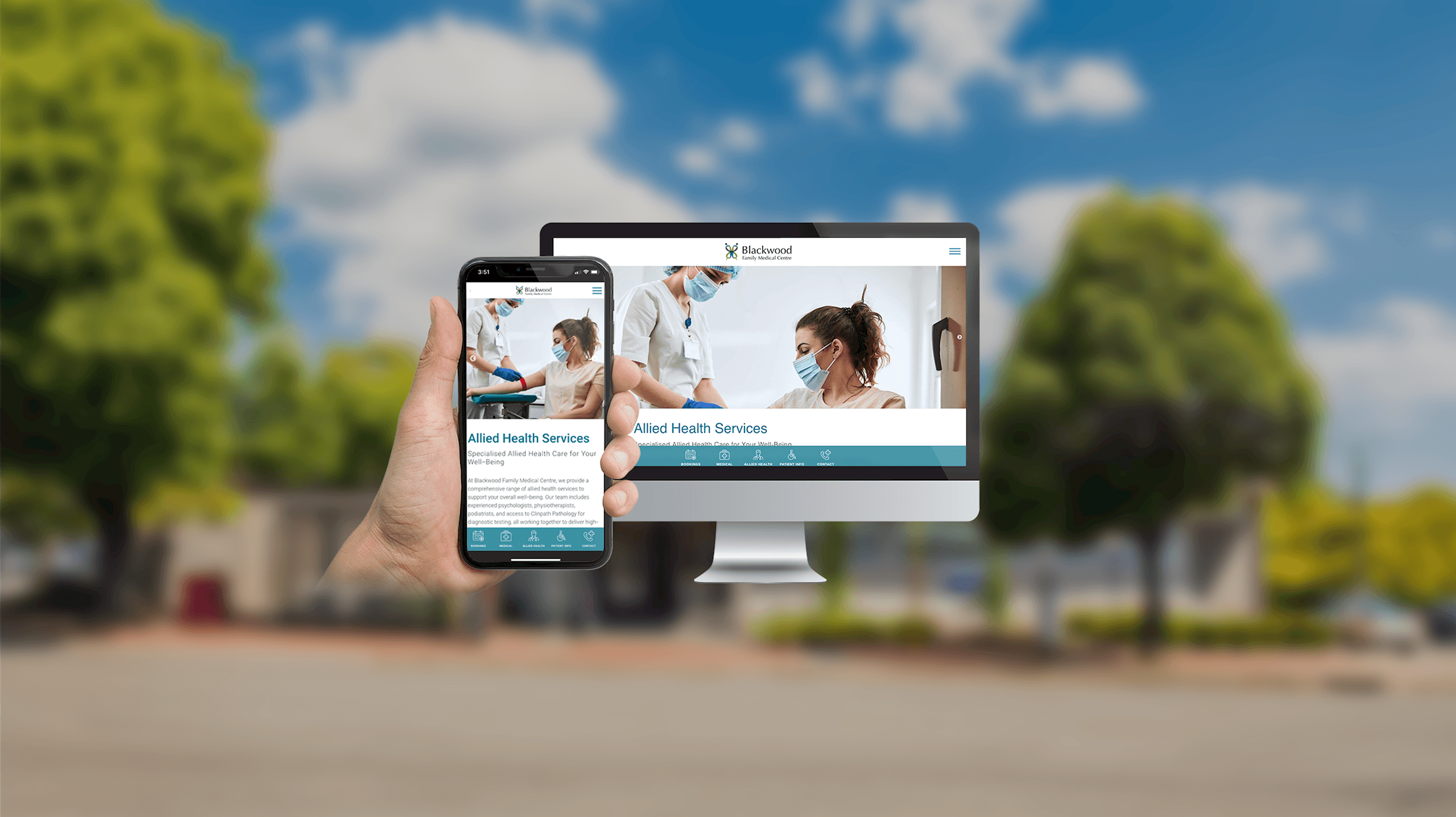 Blackwood Family Medical Centre Allied Health Services page displayed on a desktop monitor and smartphone outside the clinic