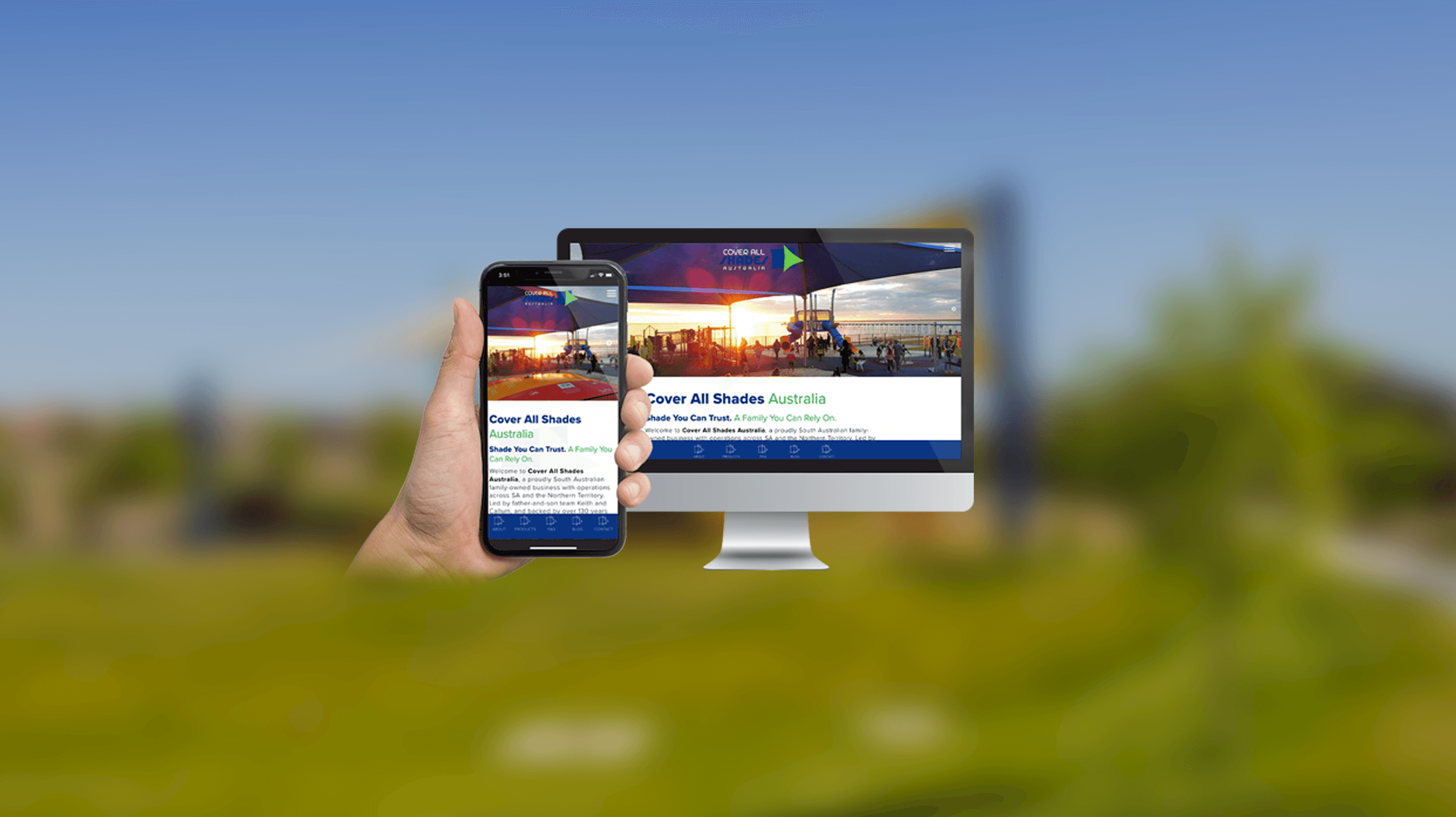 Cover All Shades Australia website About Us page on a desktop monitor and smartphone over a shaded playground