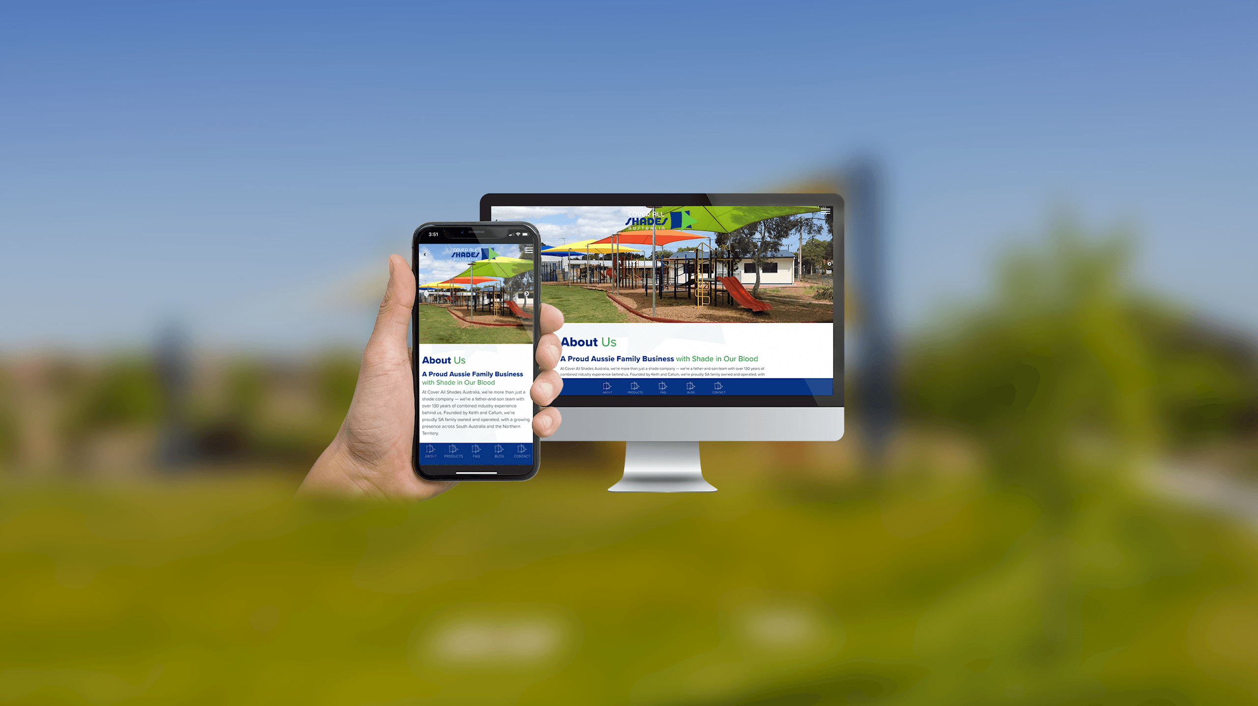 Cover All Shades Australia website homepage on a desktop monitor and smartphone over a sunset playground