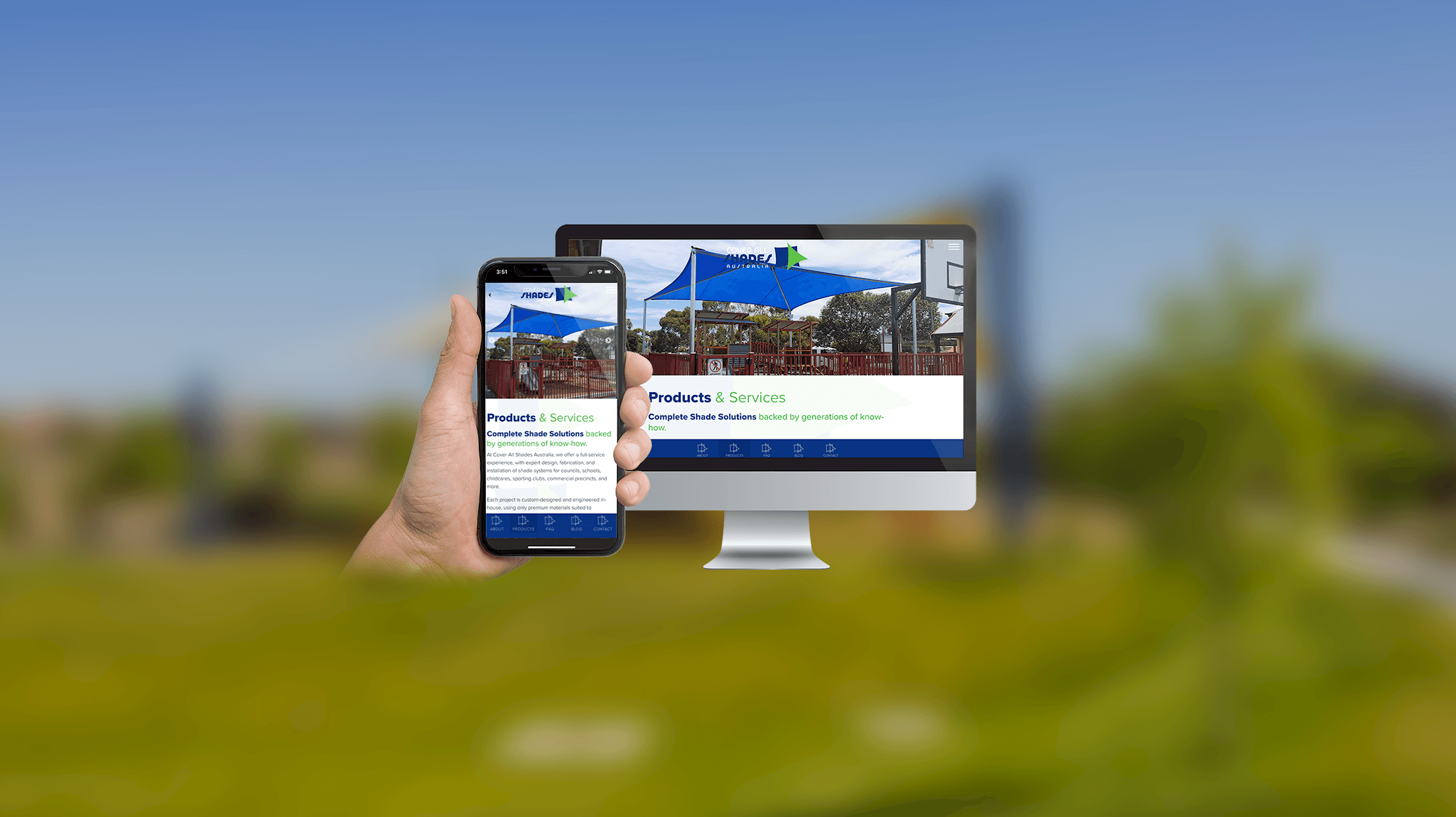 Cover All Shades Australia website About Us page on a desktop monitor and smartphone over a blurred grassy backdrop