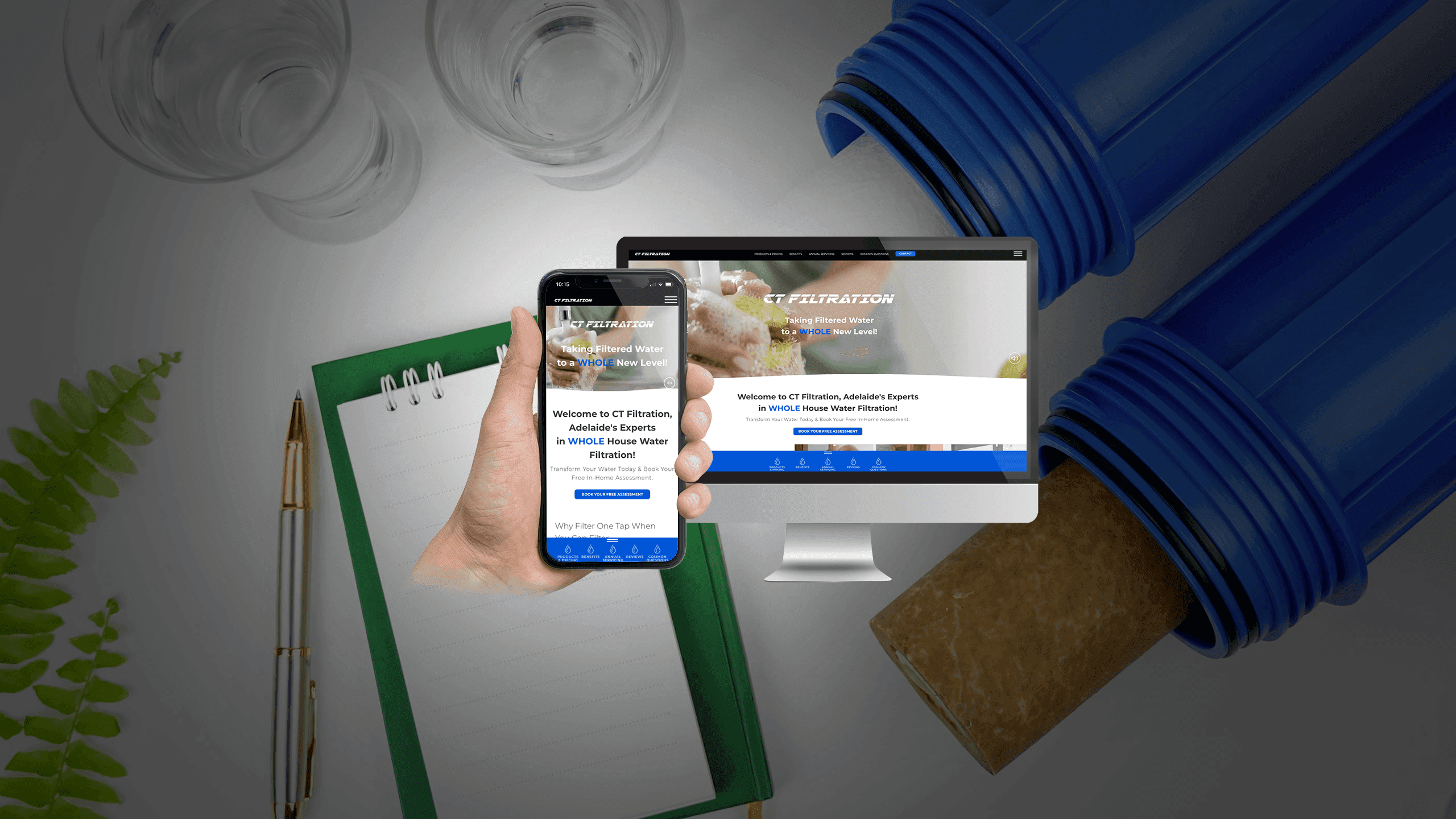 CT Filtration homepage on desktop and mobile screens amid water glasses and a filter cartridge