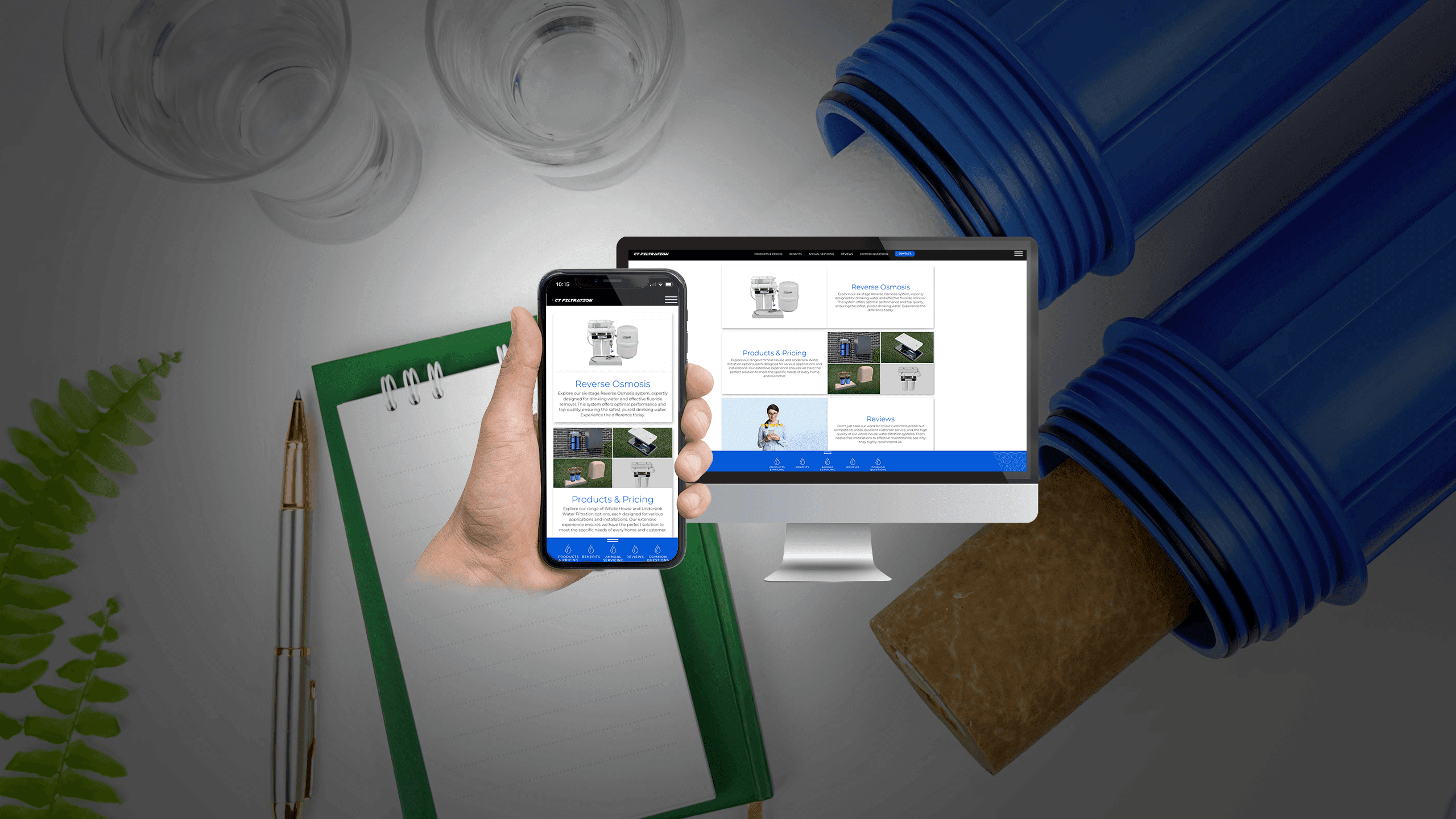 CT Filtration products page on desktop and mobile screens amid water glasses and a filter cartridge