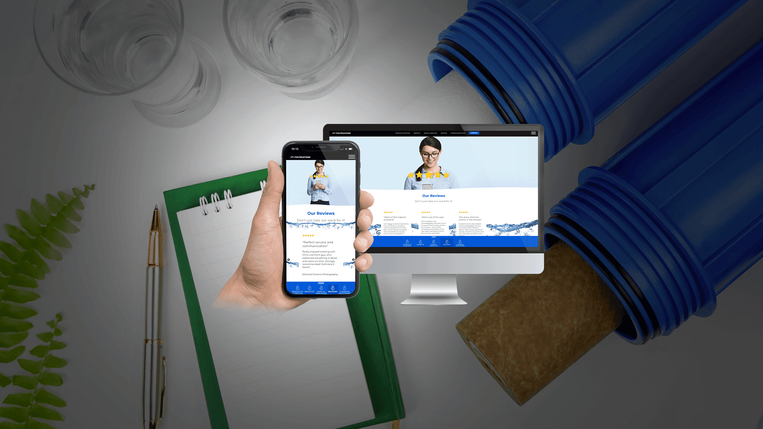 CT Filtration reviews page on desktop and mobile screens amid water glasses and a filter cartridge