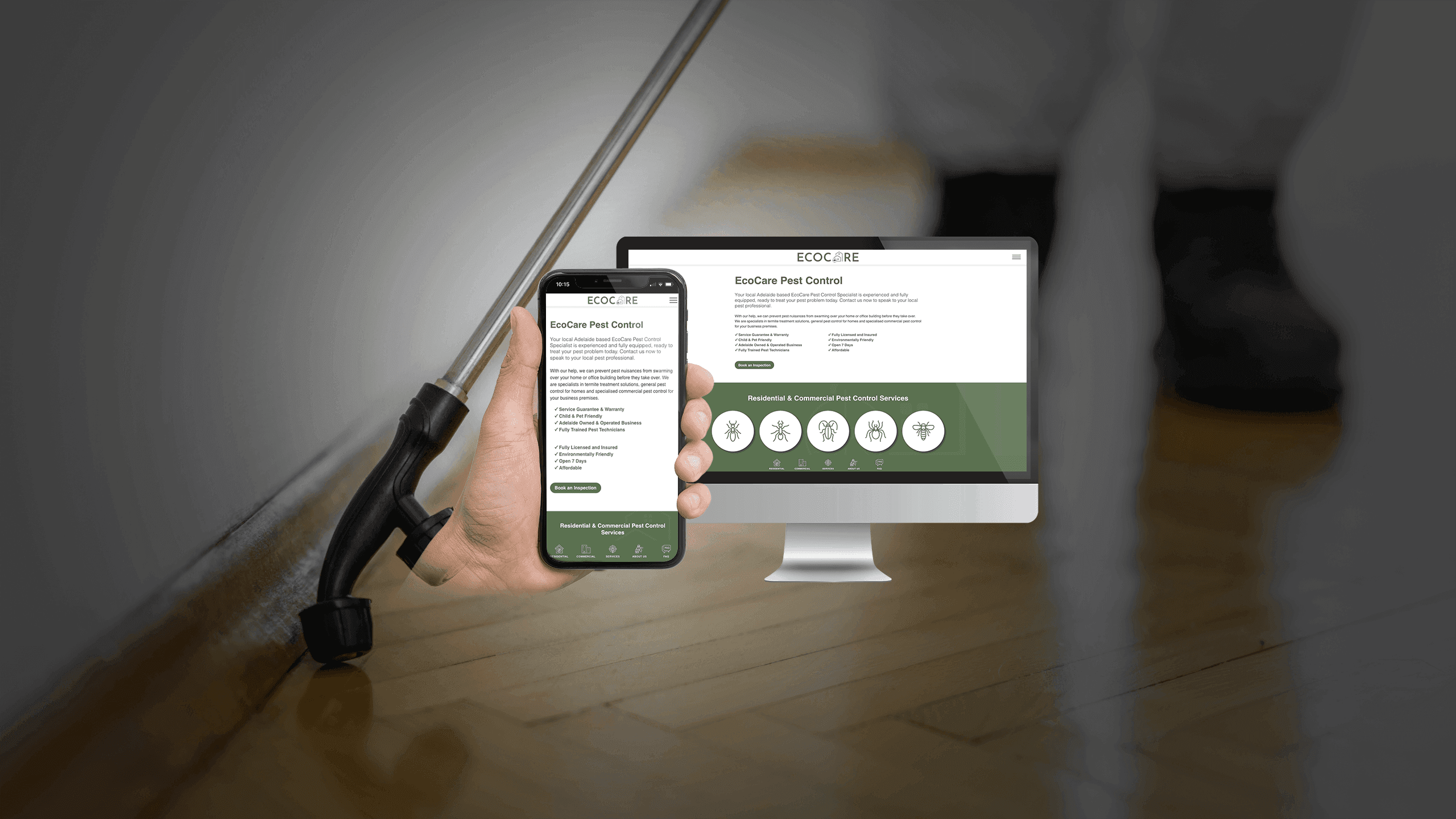 EcoCare Pest Control homepage on desktop and mobile screens beside a pest control spray wand