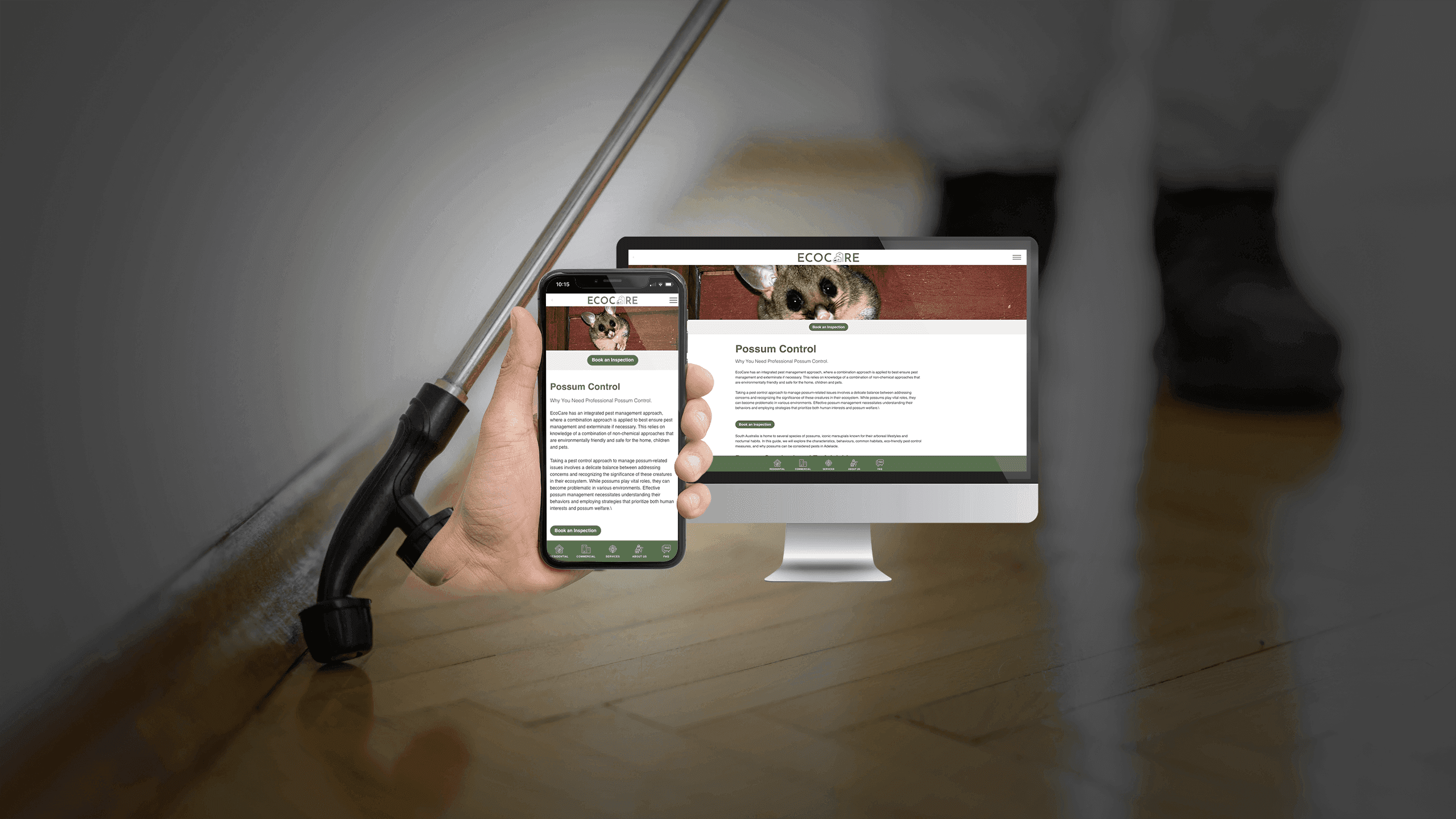 EcoCare Pest Control possum control page on screens beside a pest control spray wand
