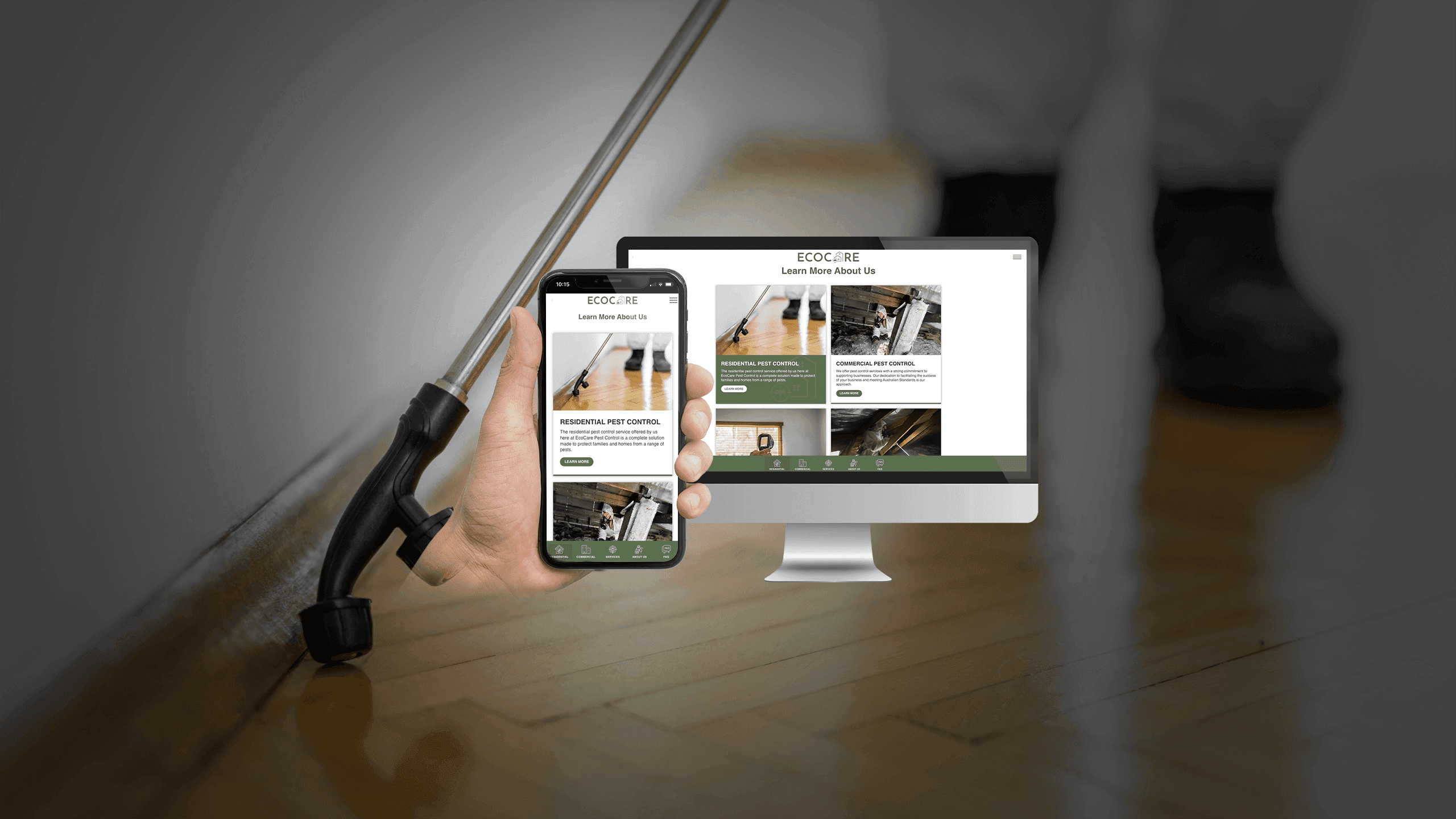 EcoCare Pest Control services page on desktop and mobile screens beside a pest control spray wand