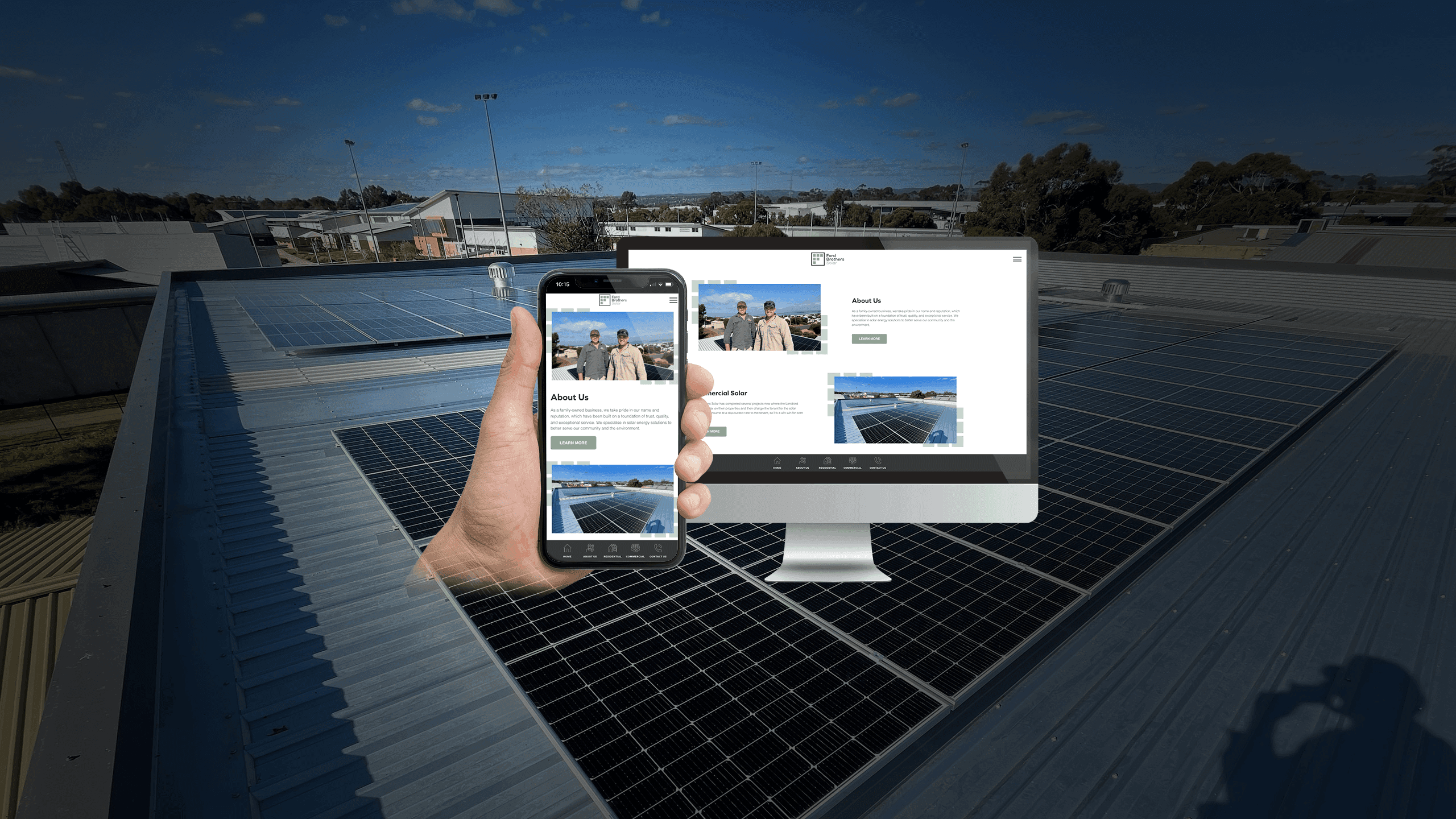 Ford Brothers Solar About Us page displayed on a desktop monitor and smartphone over a rooftop solar installation