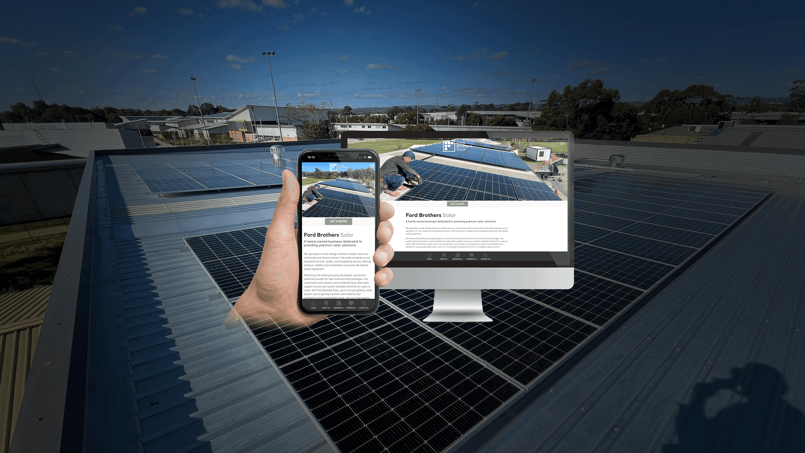 Ford Brothers Solar homepage displayed on a desktop monitor and smartphone over a rooftop solar installation