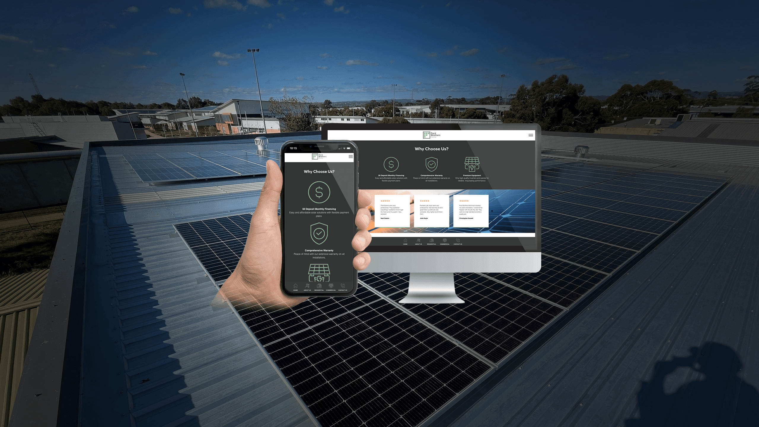 Ford Brothers Solar Why Choose Us page displayed on a desktop monitor and smartphone over a rooftop solar installation