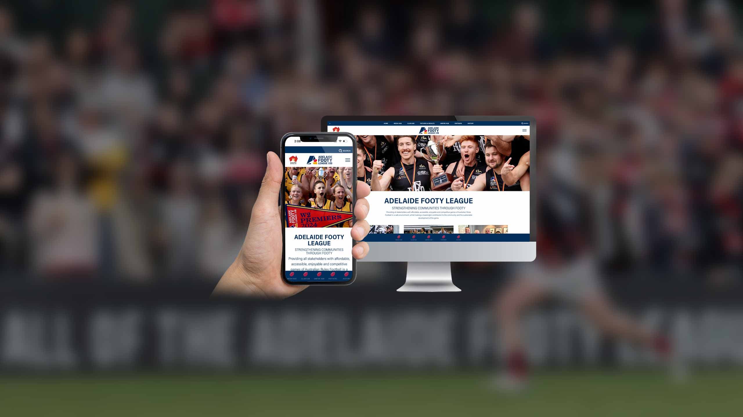 Adelaide Footy League website mockup on a desktop monitor and smartphone with a football crowd backdrop