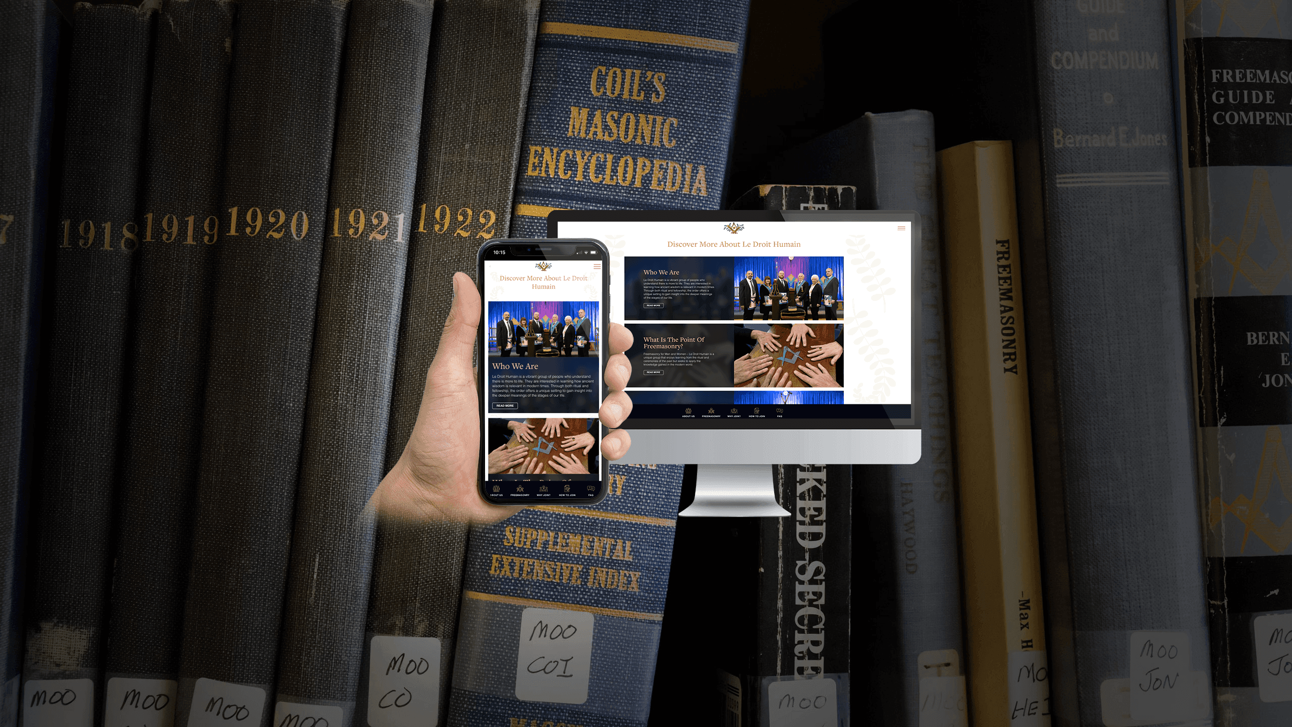 Le Droit Humain Discover More page displayed on a desktop monitor and smartphone, Masonic books backdrop