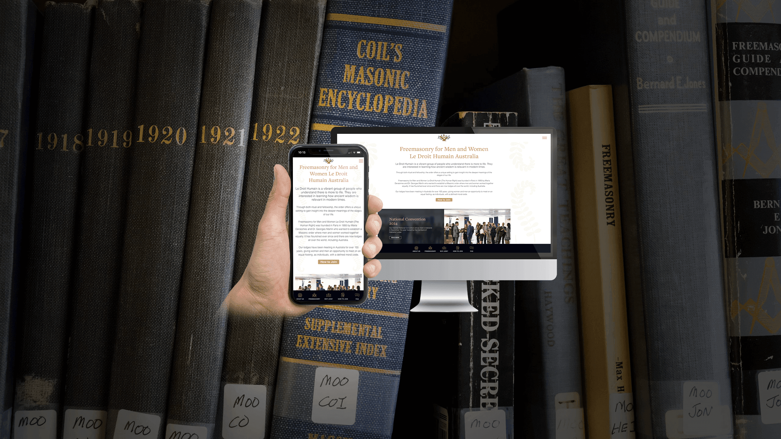 Le Droit Humain homepage displayed on a desktop monitor and smartphone, Masonic books backdrop