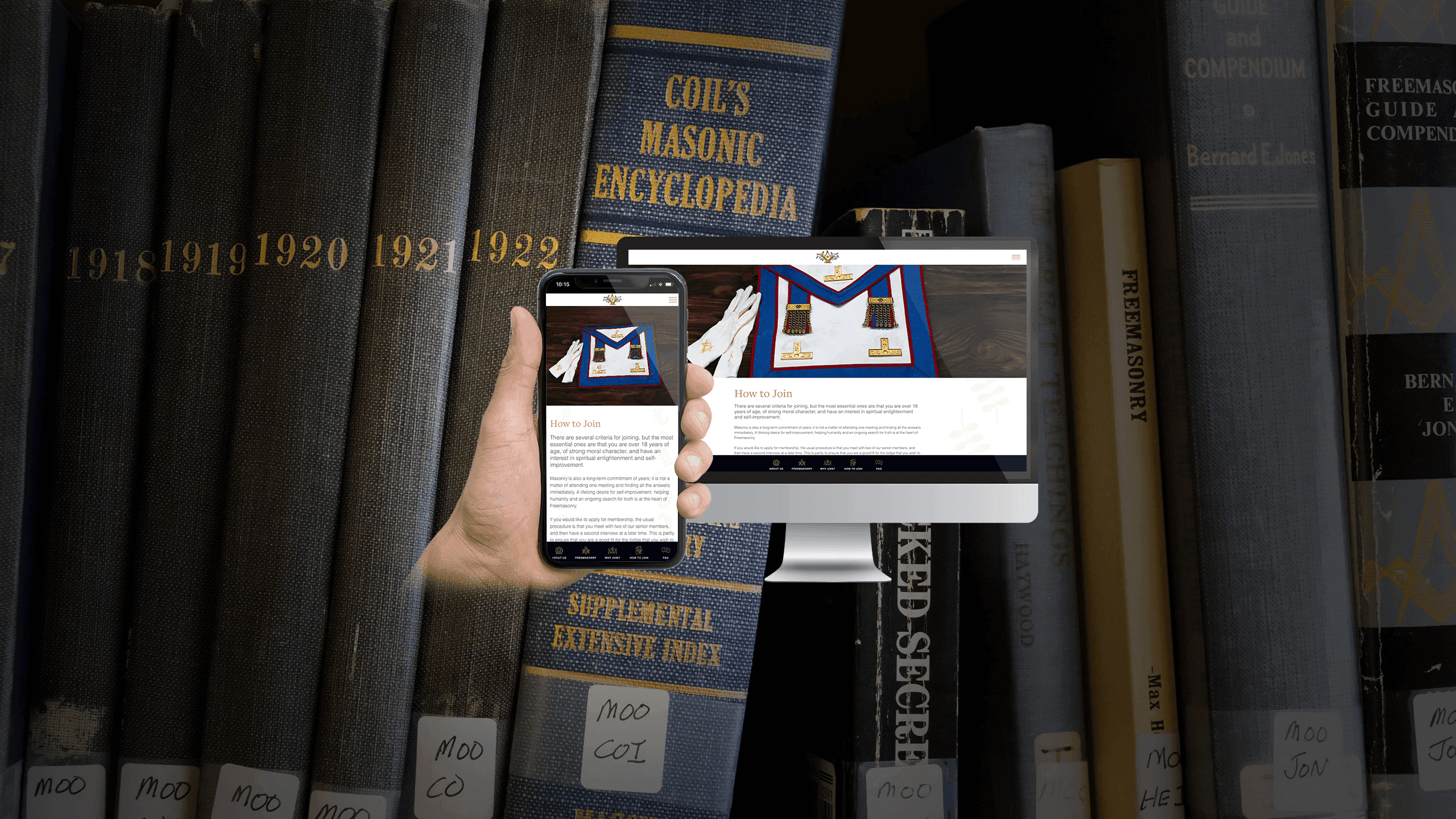 Le Droit Humain How to Join page displayed on a desktop monitor and smartphone, Masonic books backdrop