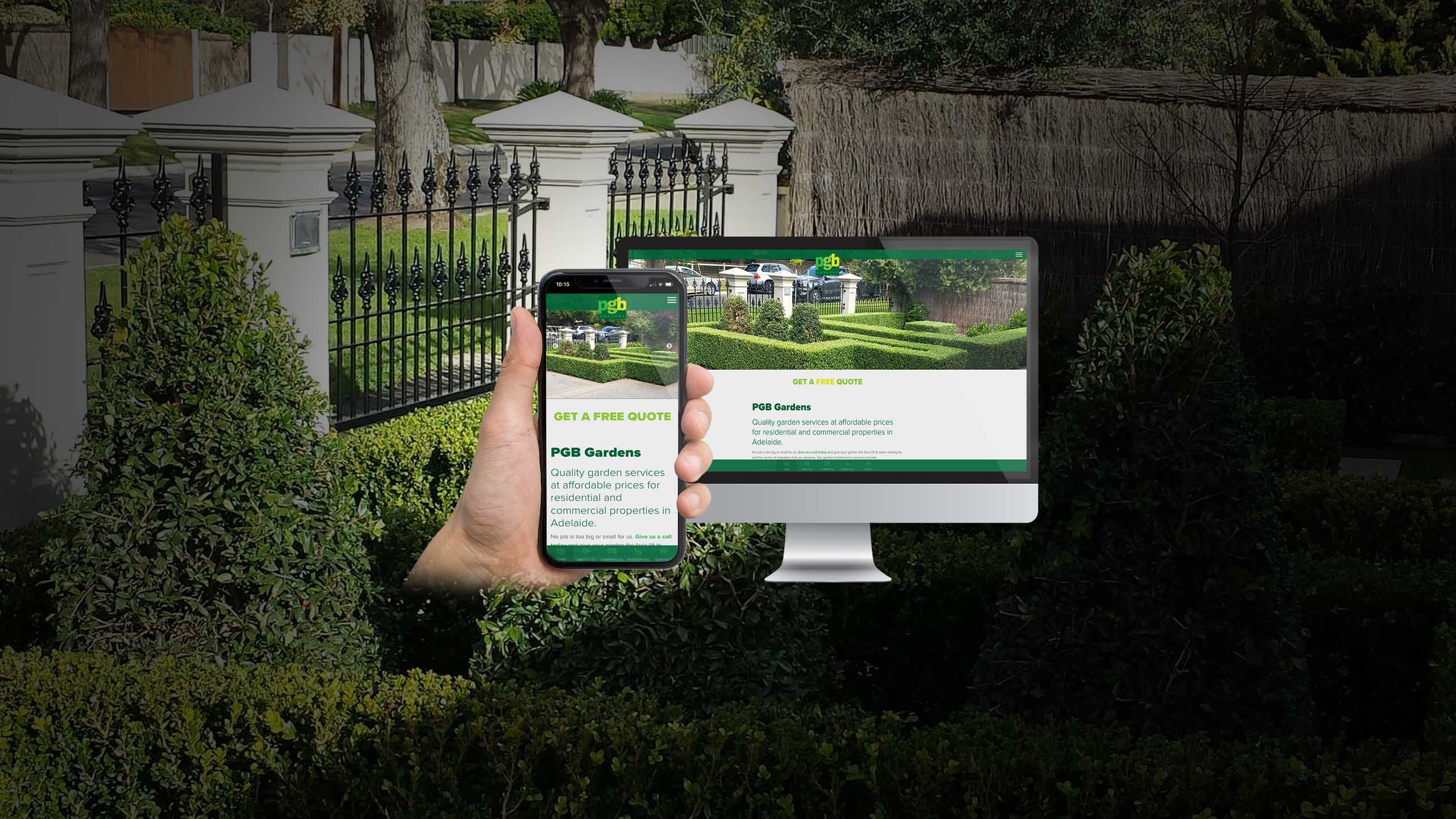 PGB Gardens homepage shown on a desktop monitor and smartphone over a manicured hedge driveway