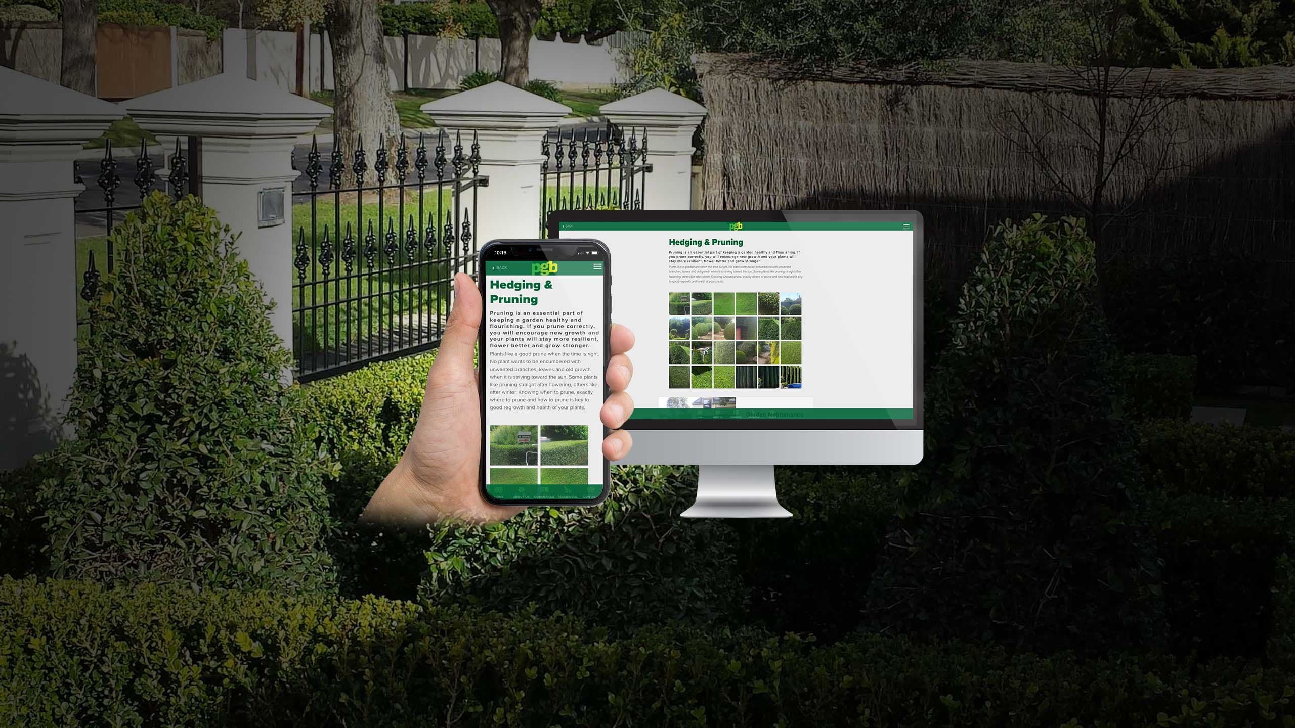 PGB Gardens hedging and pruning page shown on a desktop monitor and smartphone over a hedged driveway
