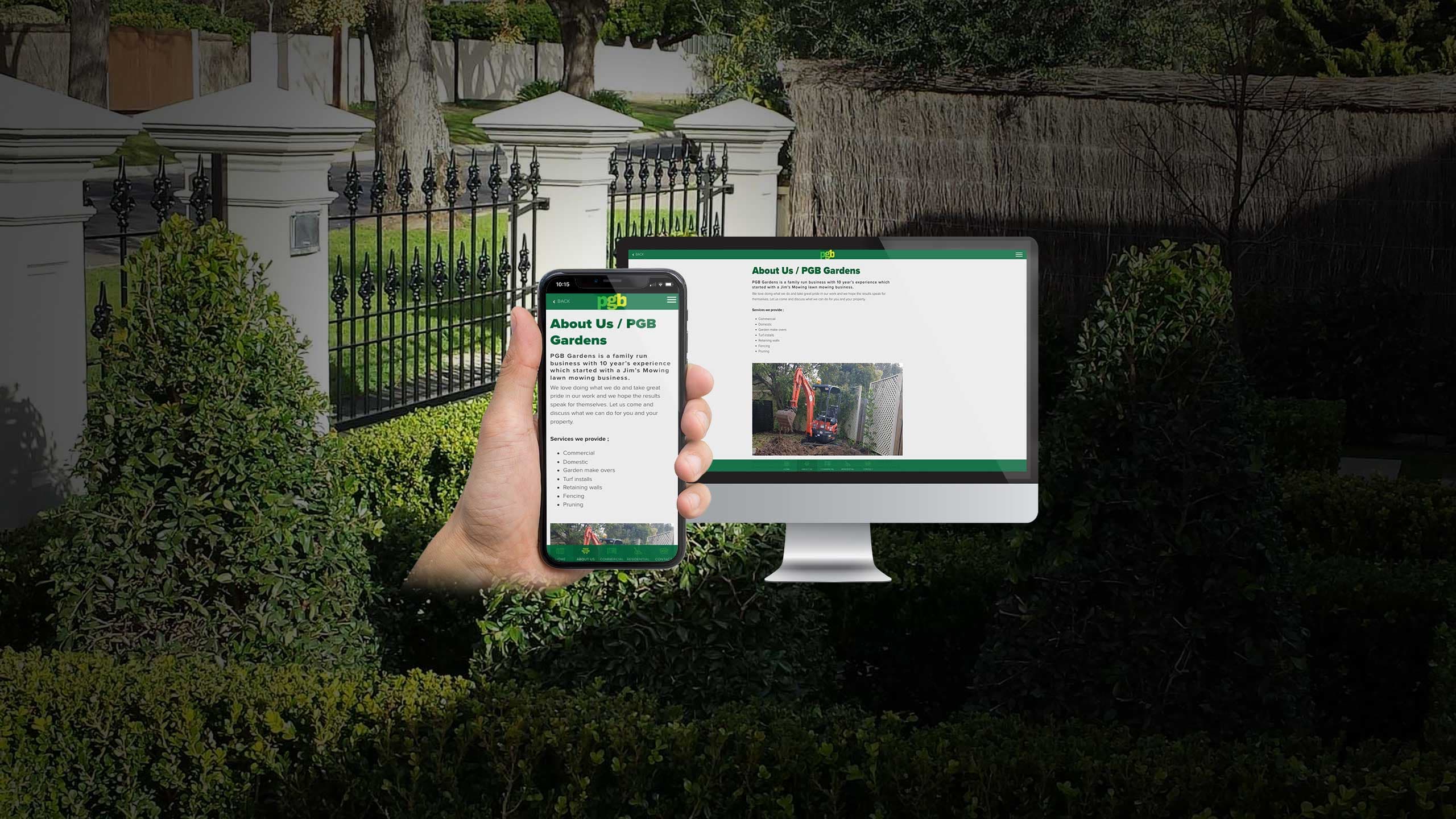 PGB Gardens about us page shown on a desktop monitor and smartphone over a hedged driveway