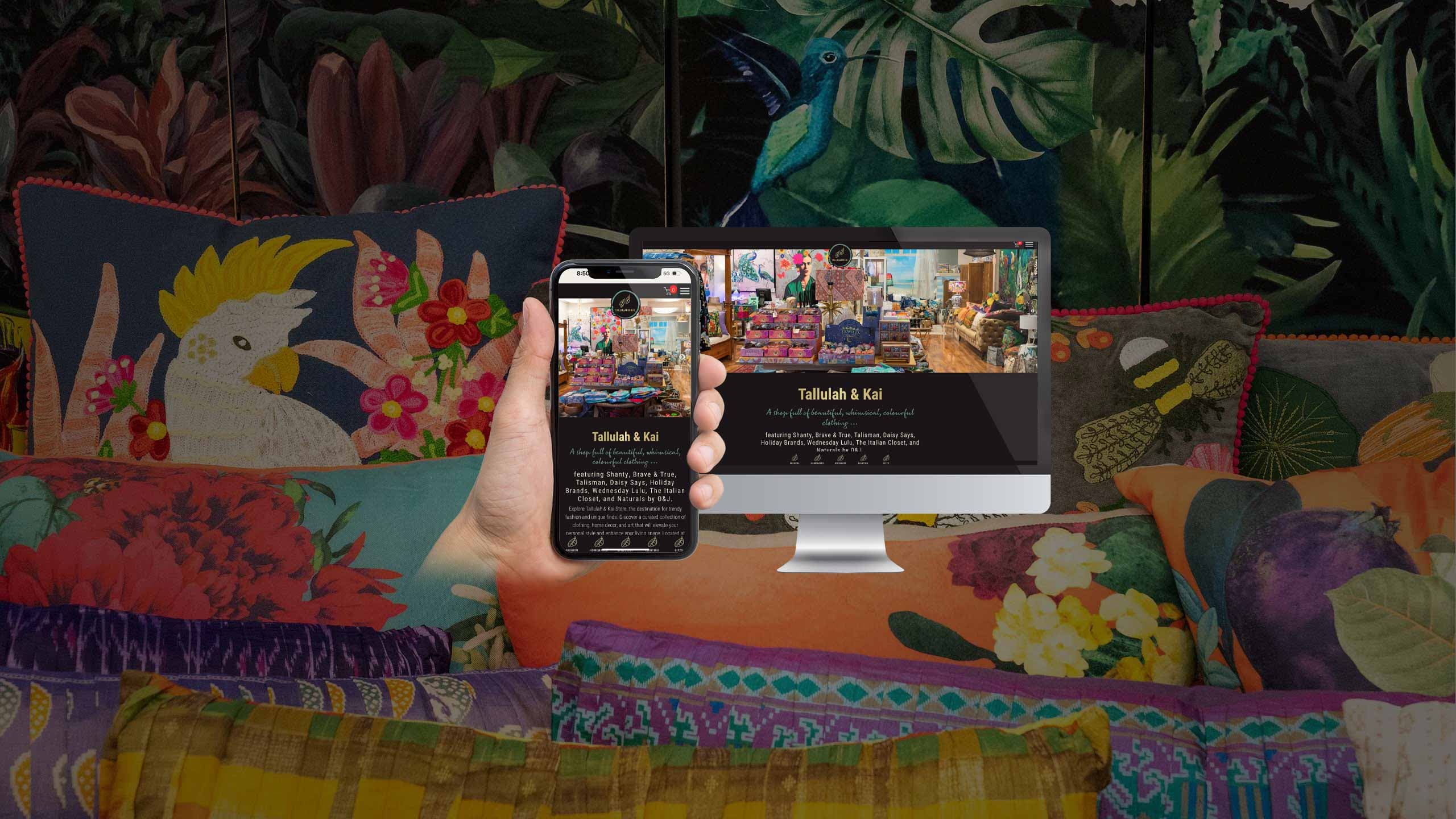 Tallulah & Kai website displayed on desktop and mobile against a bohemian cushion display