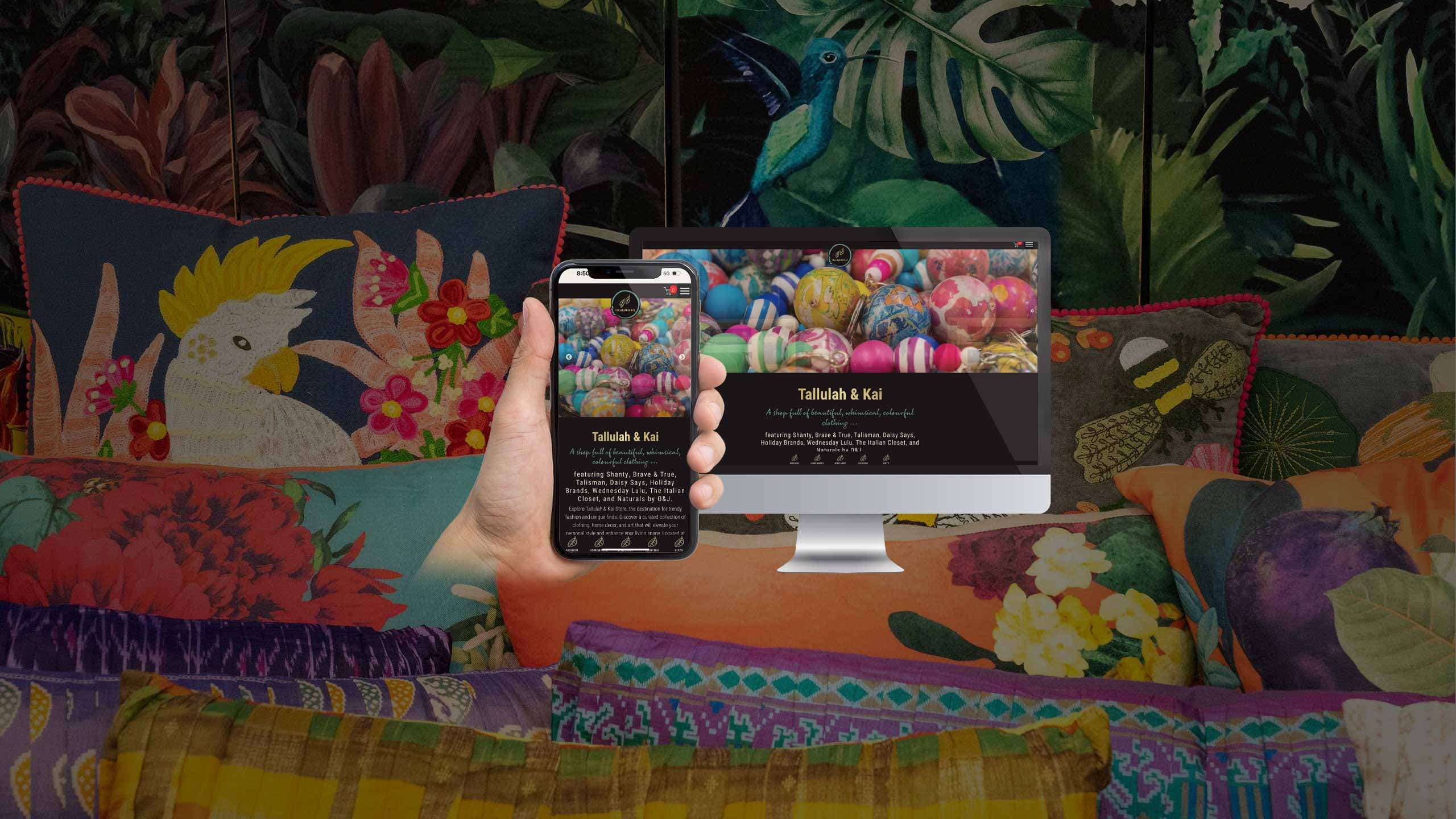 Tallulah & Kai website displayed on desktop and mobile against a colourful cushion display