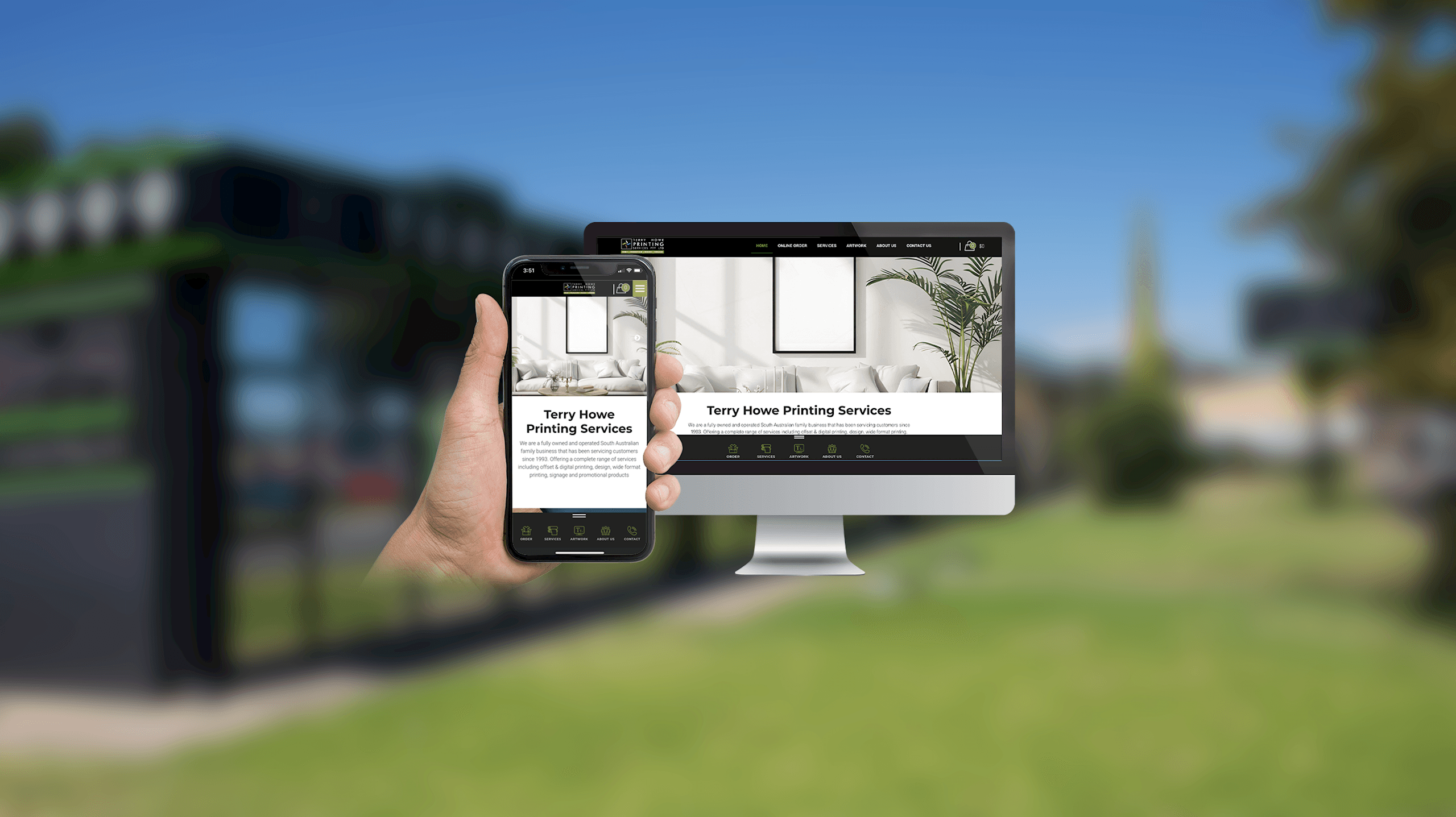 Terry Howe Printing Services homepage on desktop and smartphone outside the printing shop