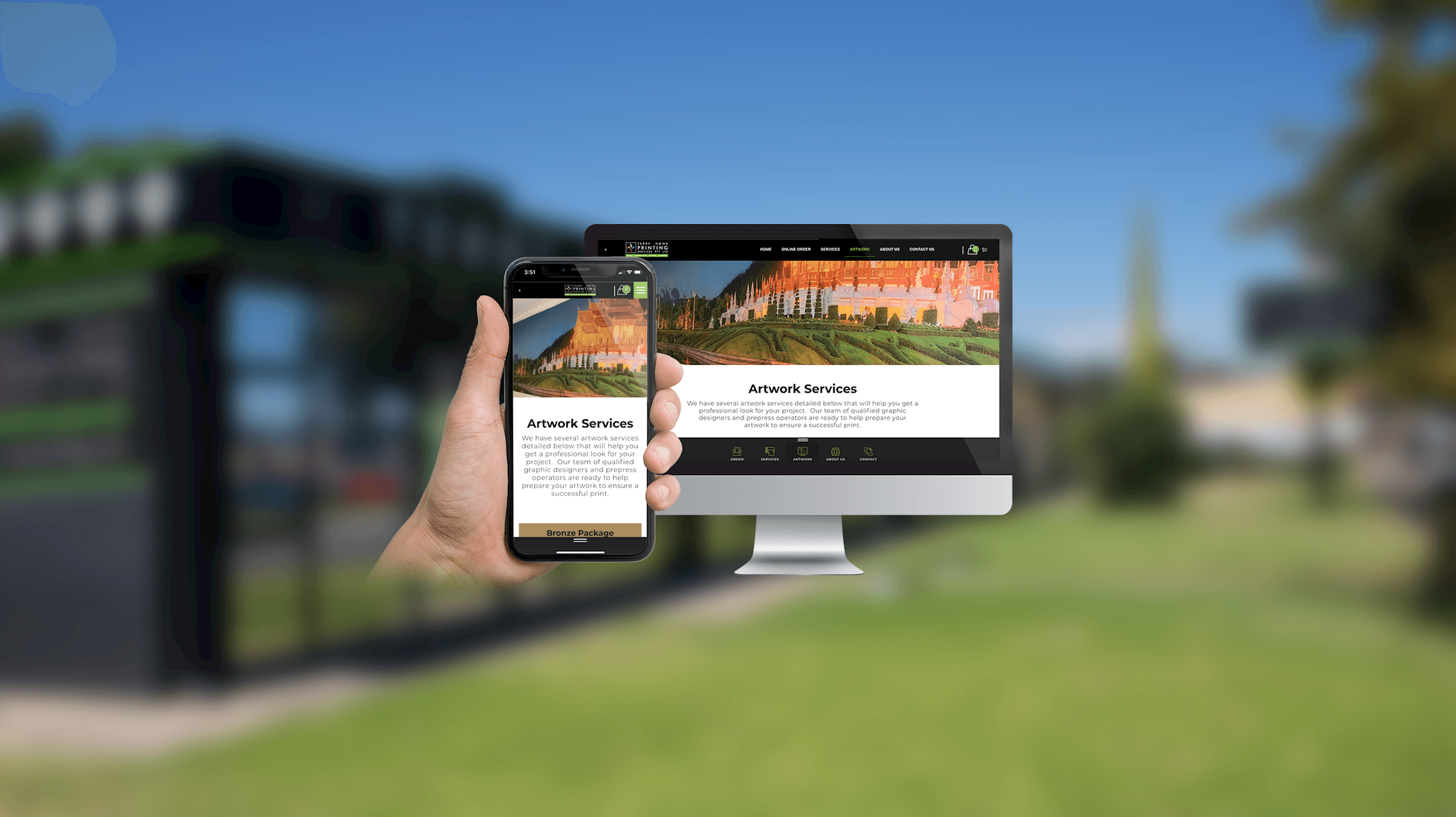 Terry Howe Printing Artwork Services page on desktop and smartphone outside the printing shop
