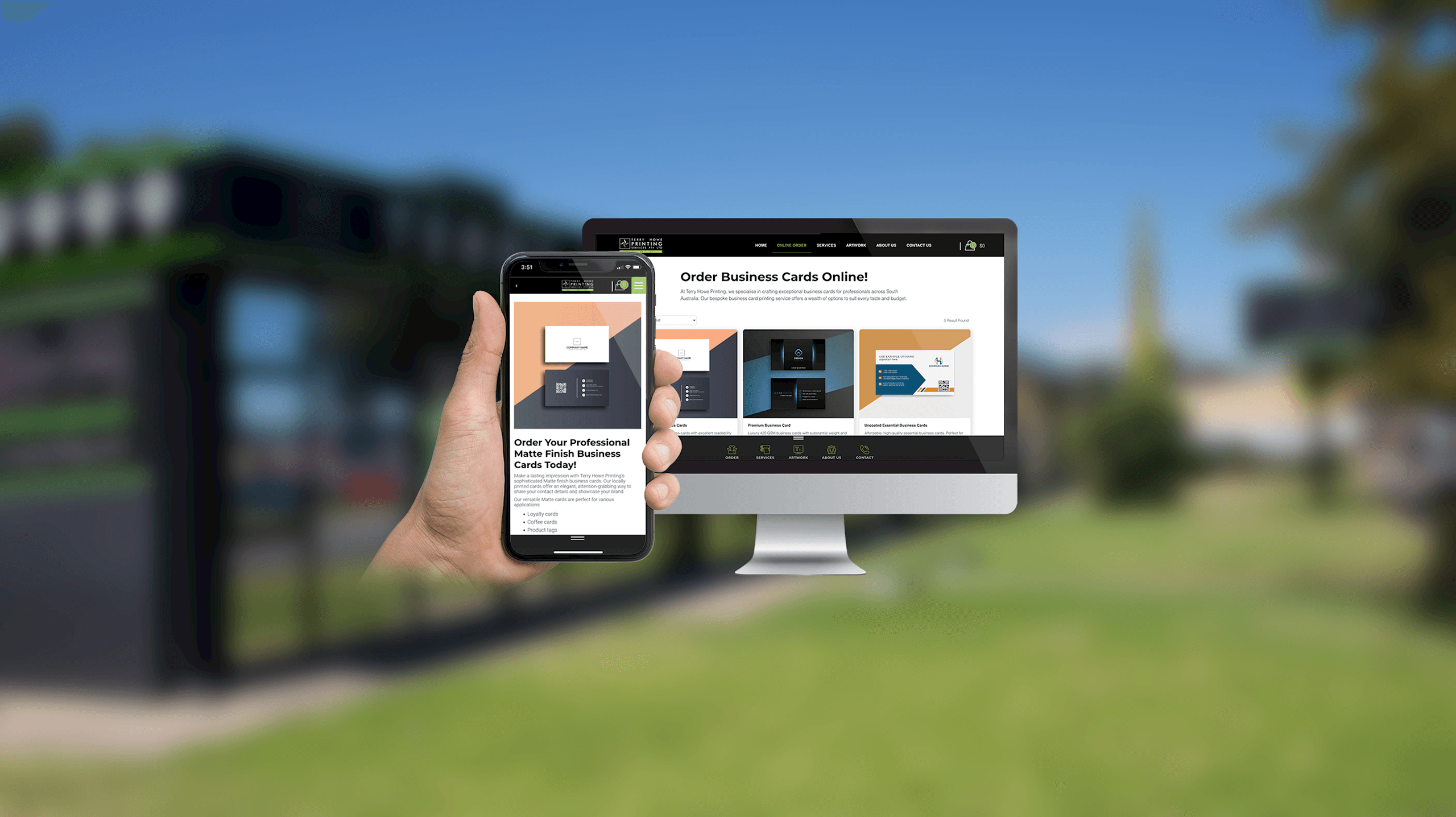 Terry Howe Printing online order page on desktop and smartphone outside the printing shop