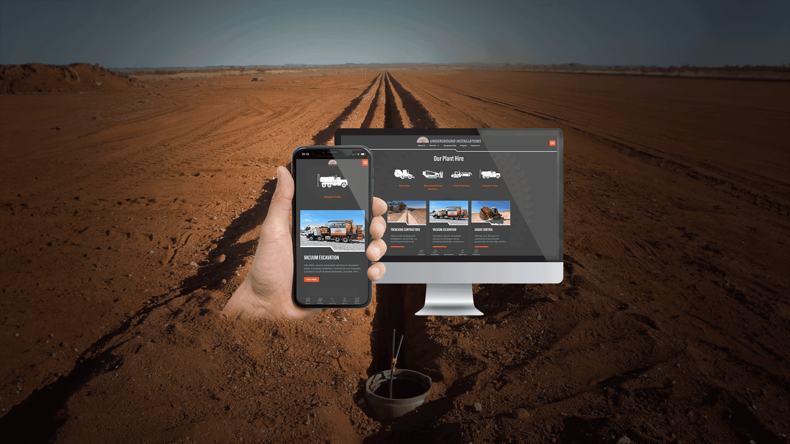 Underground Installations plant hire page on a desktop monitor and smartphone over a red dirt roadworks backdrop
