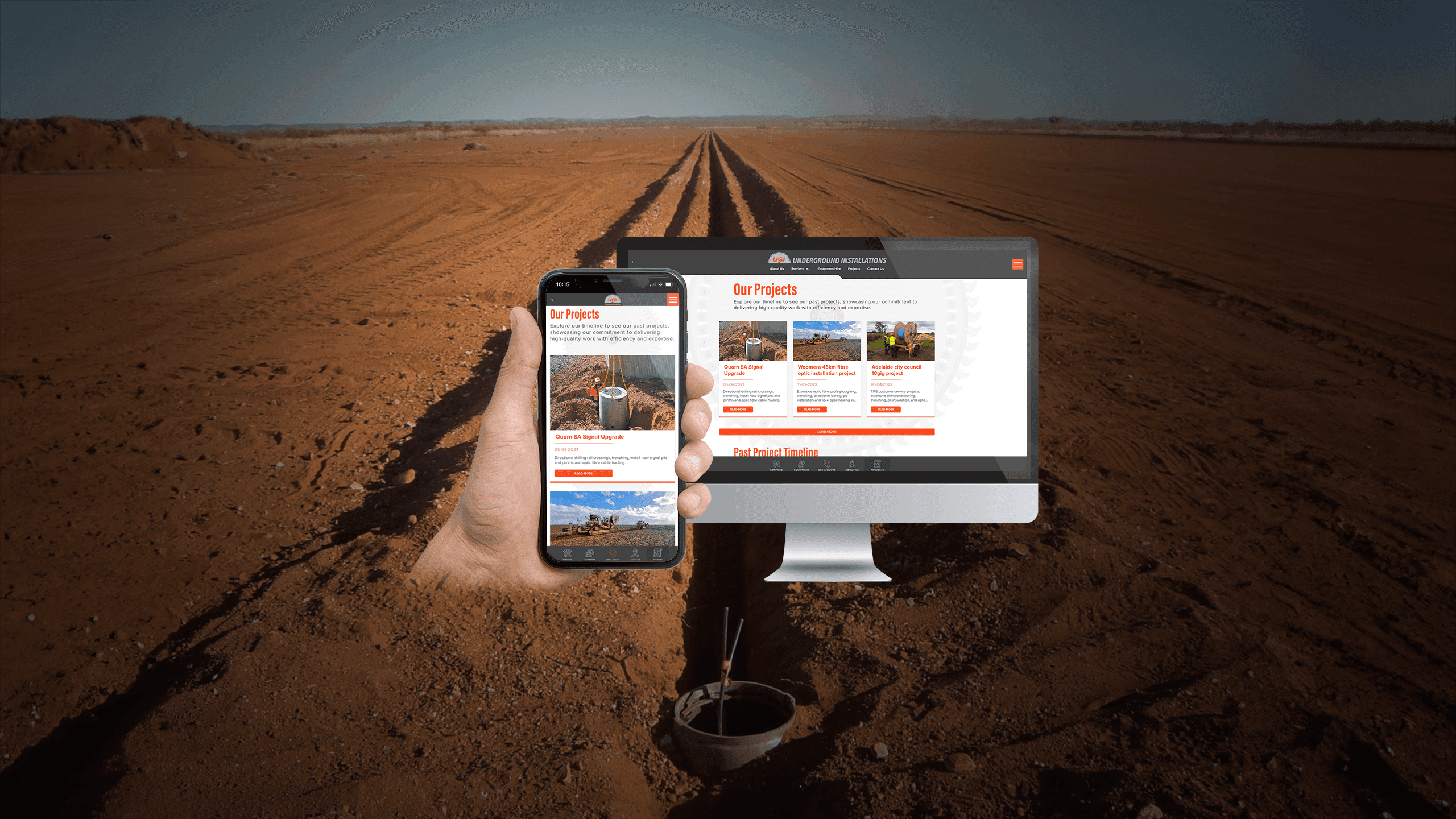 Underground Installations projects page on a desktop monitor and smartphone over a red dirt roadworks backdrop
